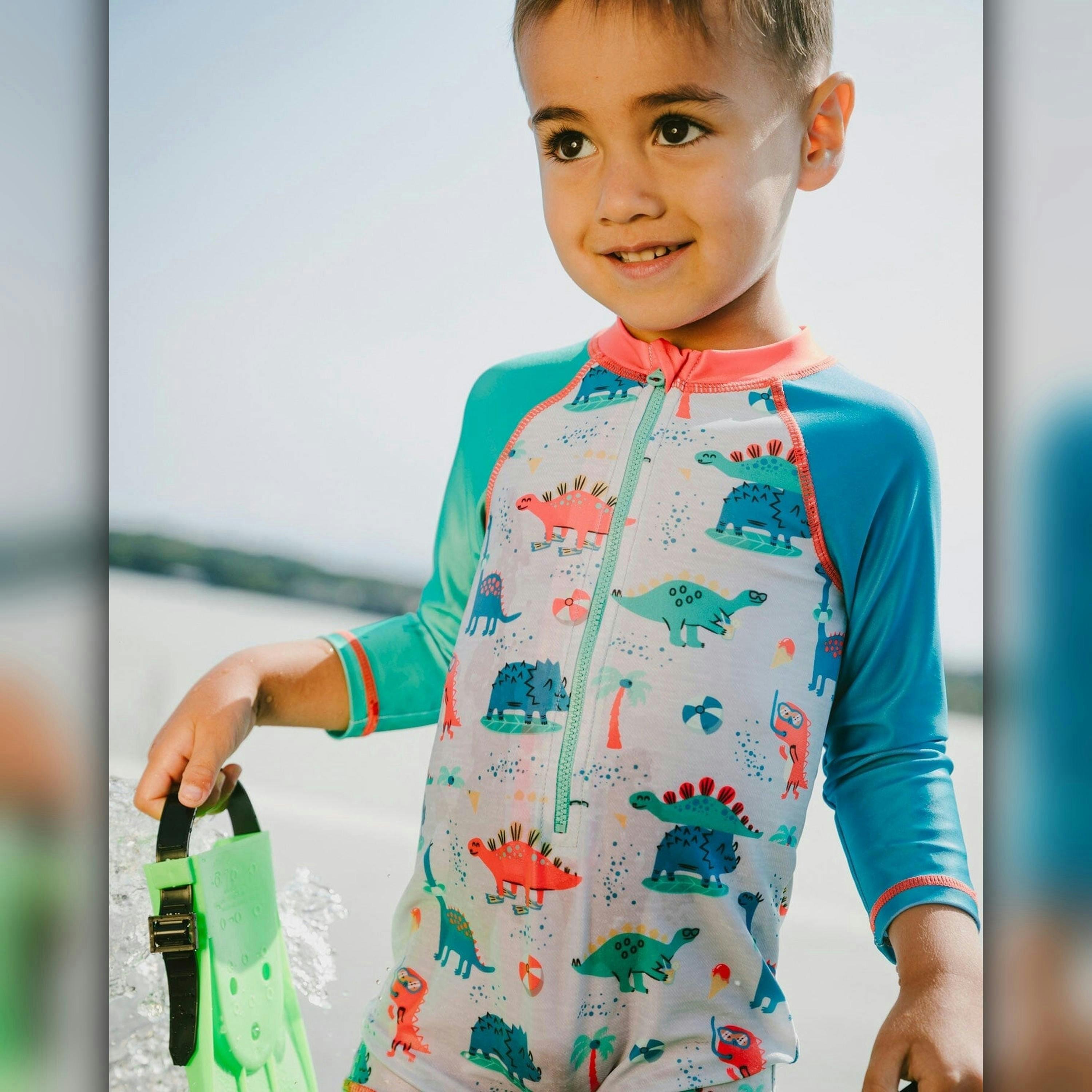 Baby And Toddler One-Piece Long Sleeve Rashguard Grey Baby Dinosaur Print , view 2 of 6