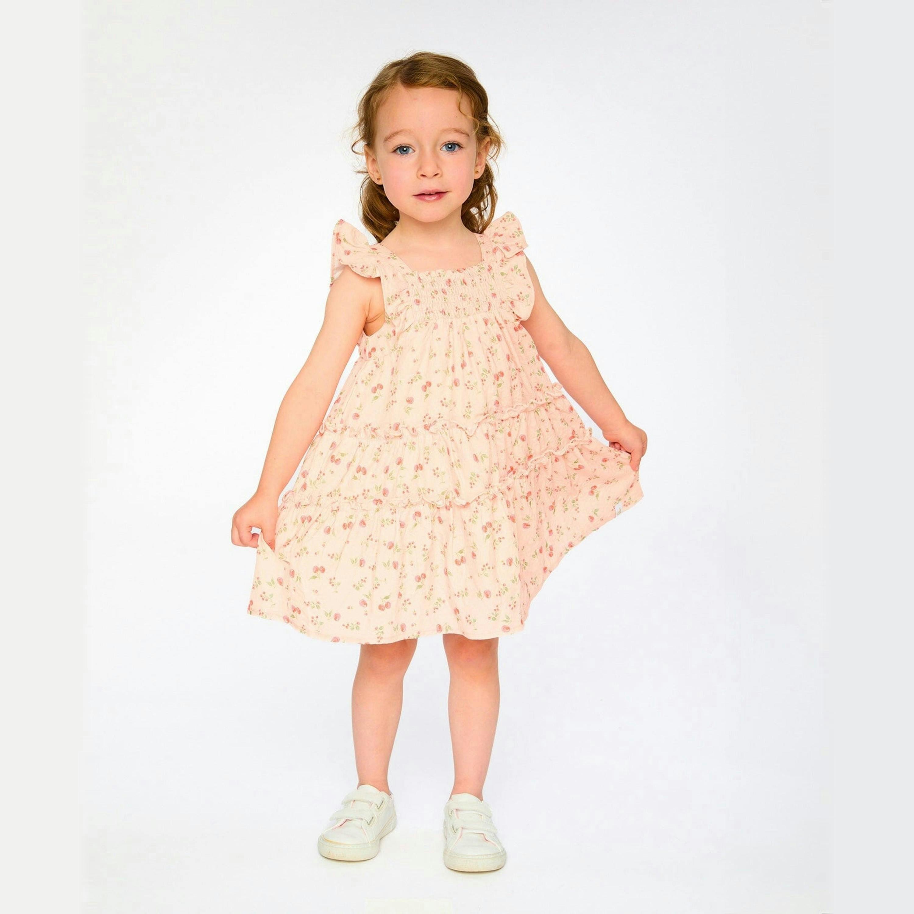 Multi-Tiered Dress With Smocking Pink Printed Flowers , view 2 of 4