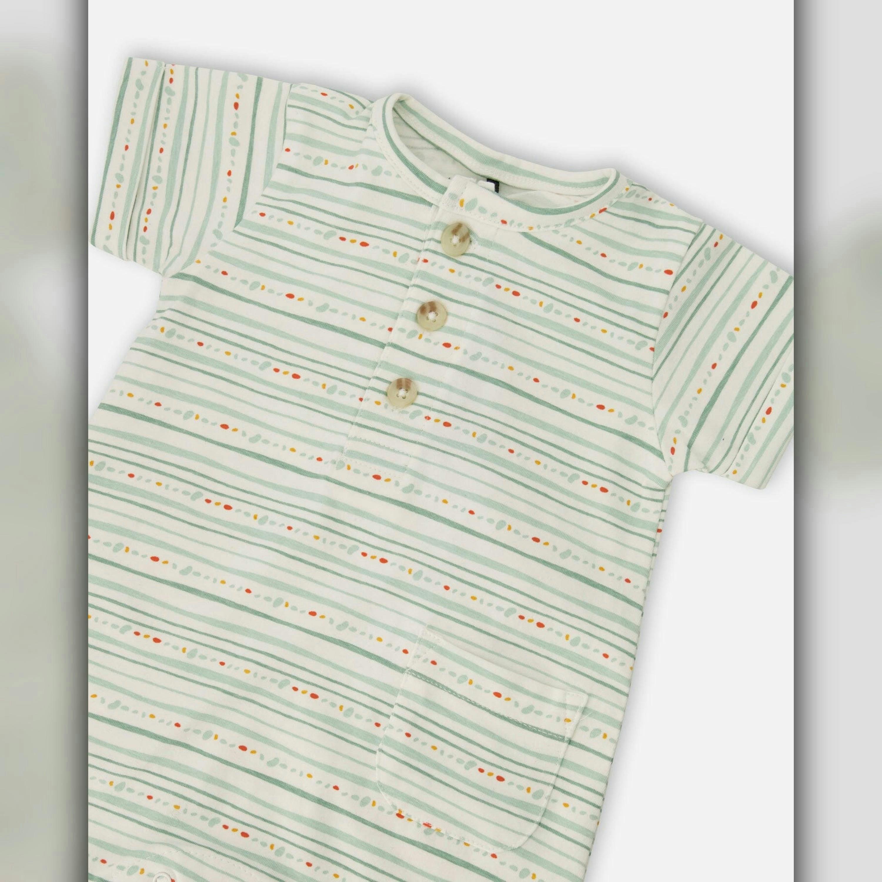 Organic Cotton Romper White Printed Mint Green Lines , view 3 of 3