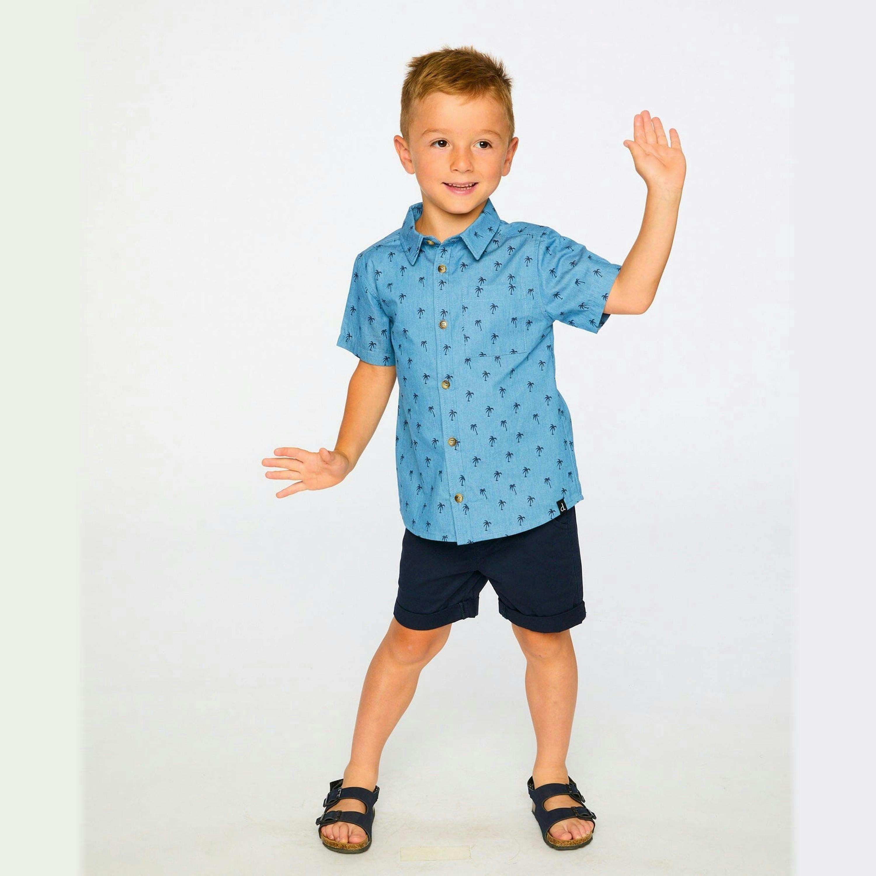 Short Sleeve Chambray Shirt Blue Palm Print , view 4 of 5