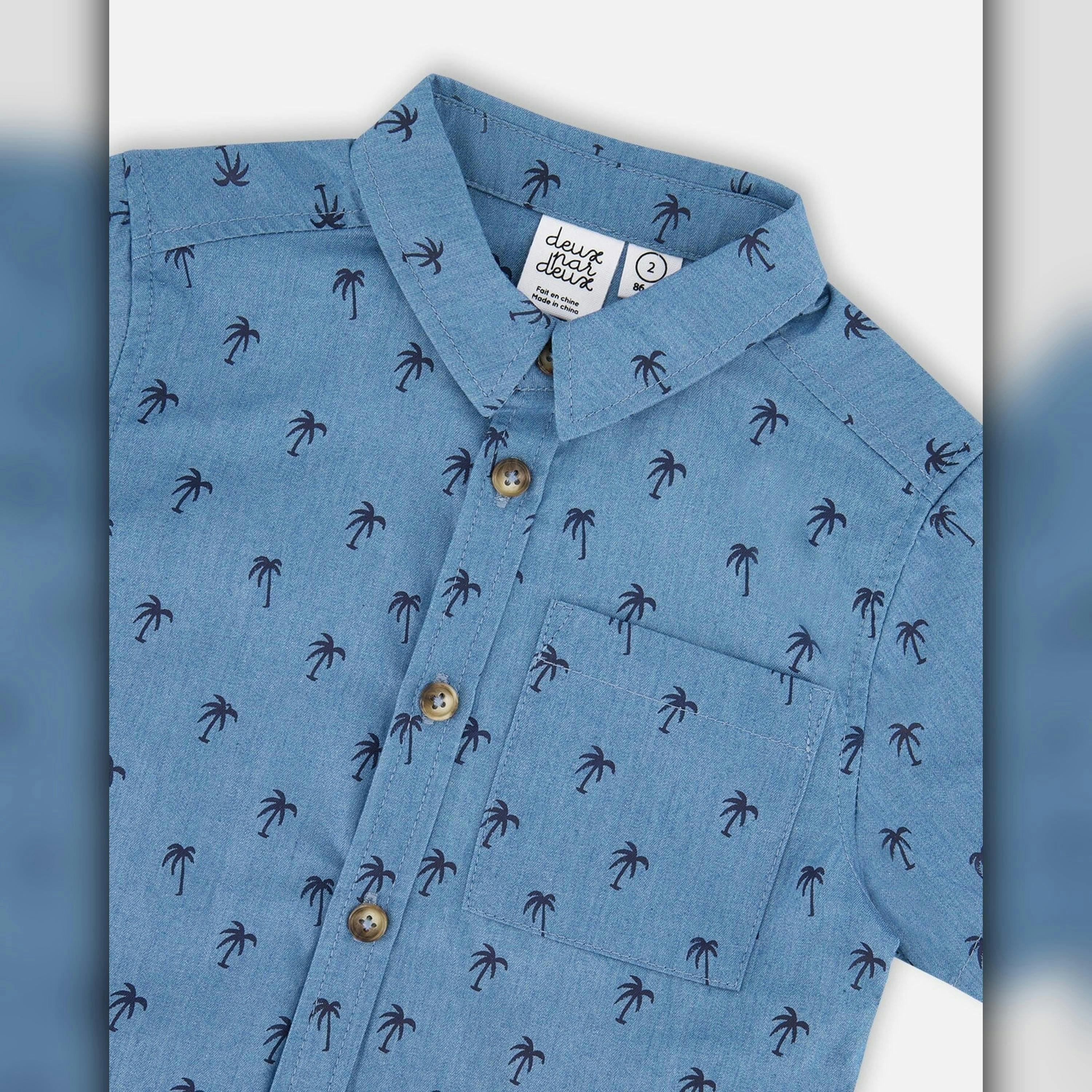 Short Sleeve Chambray Shirt Blue Palm Print , view 5 of 5