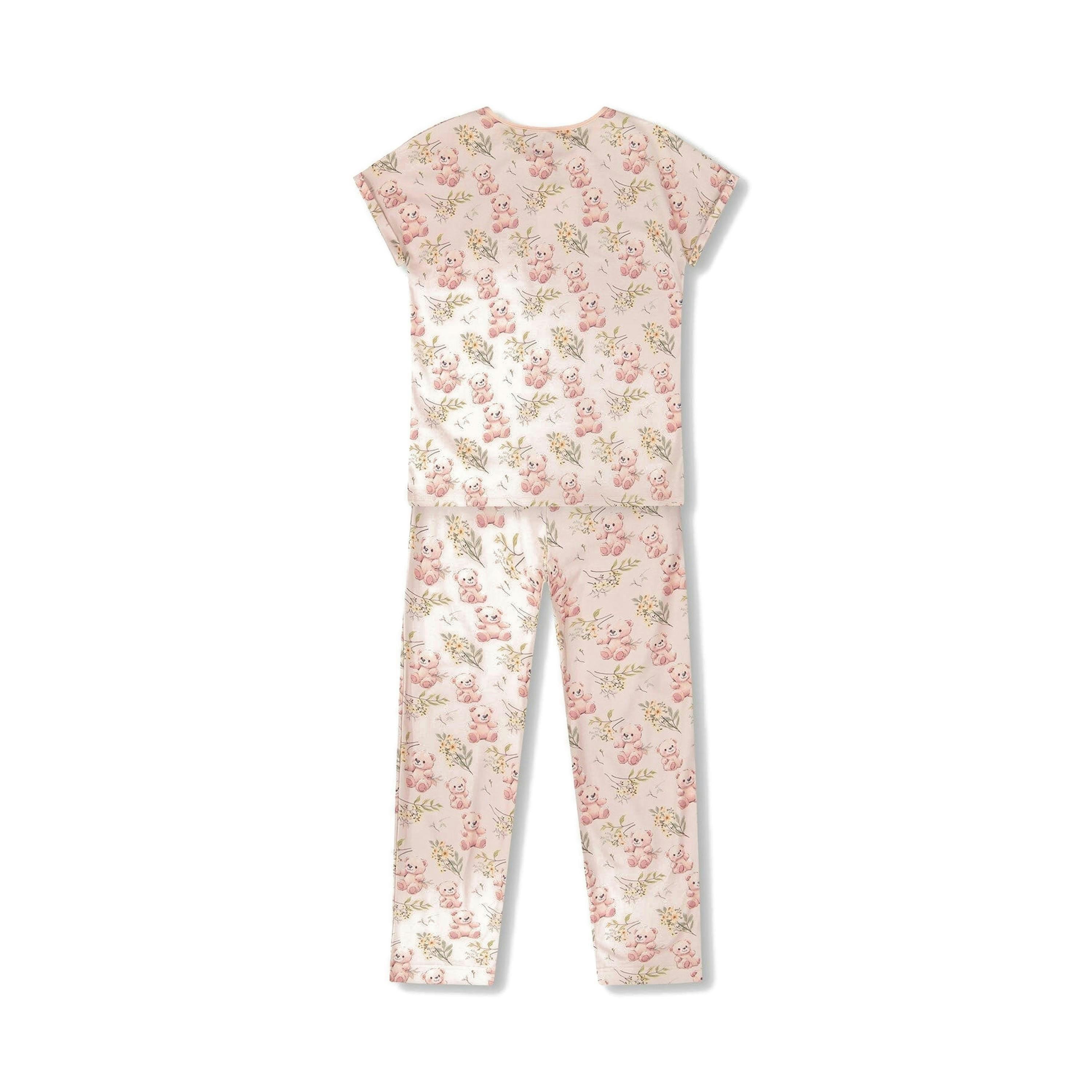 Organic Cotton Women Two-Piece Pyjama Set Pale Pink Bear Print , view 2 of 4