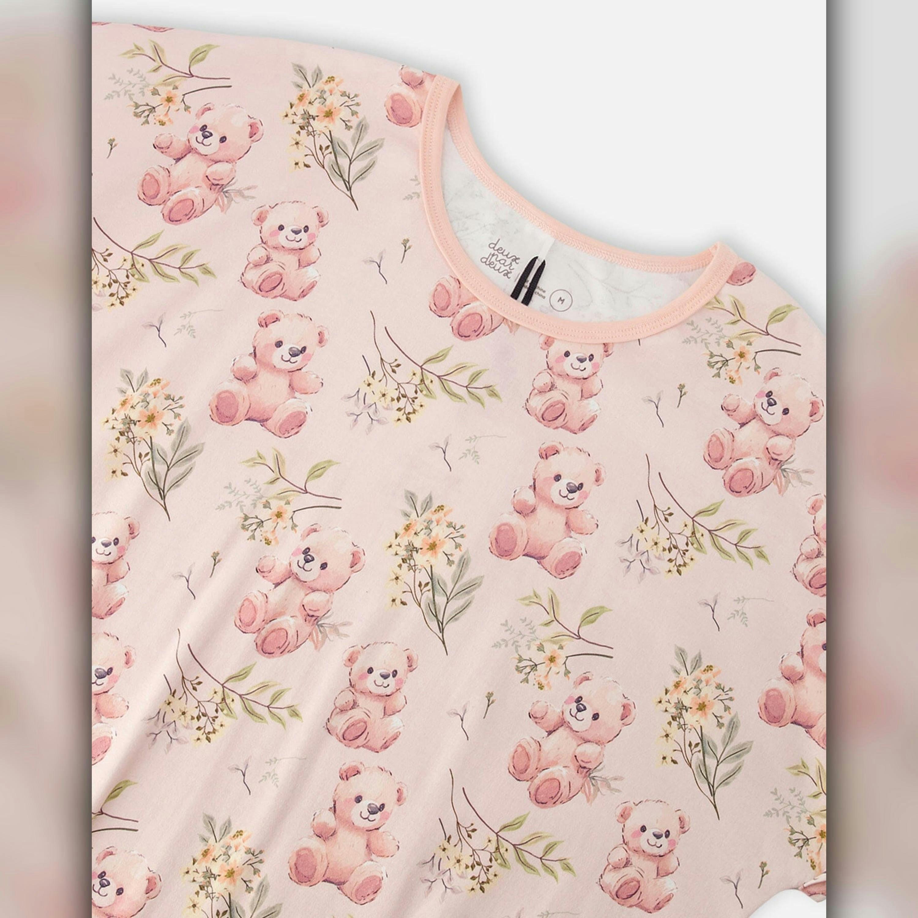 Organic Cotton Women Two-Piece Pyjama Set Pale Pink Bear Print , view 3 of 4