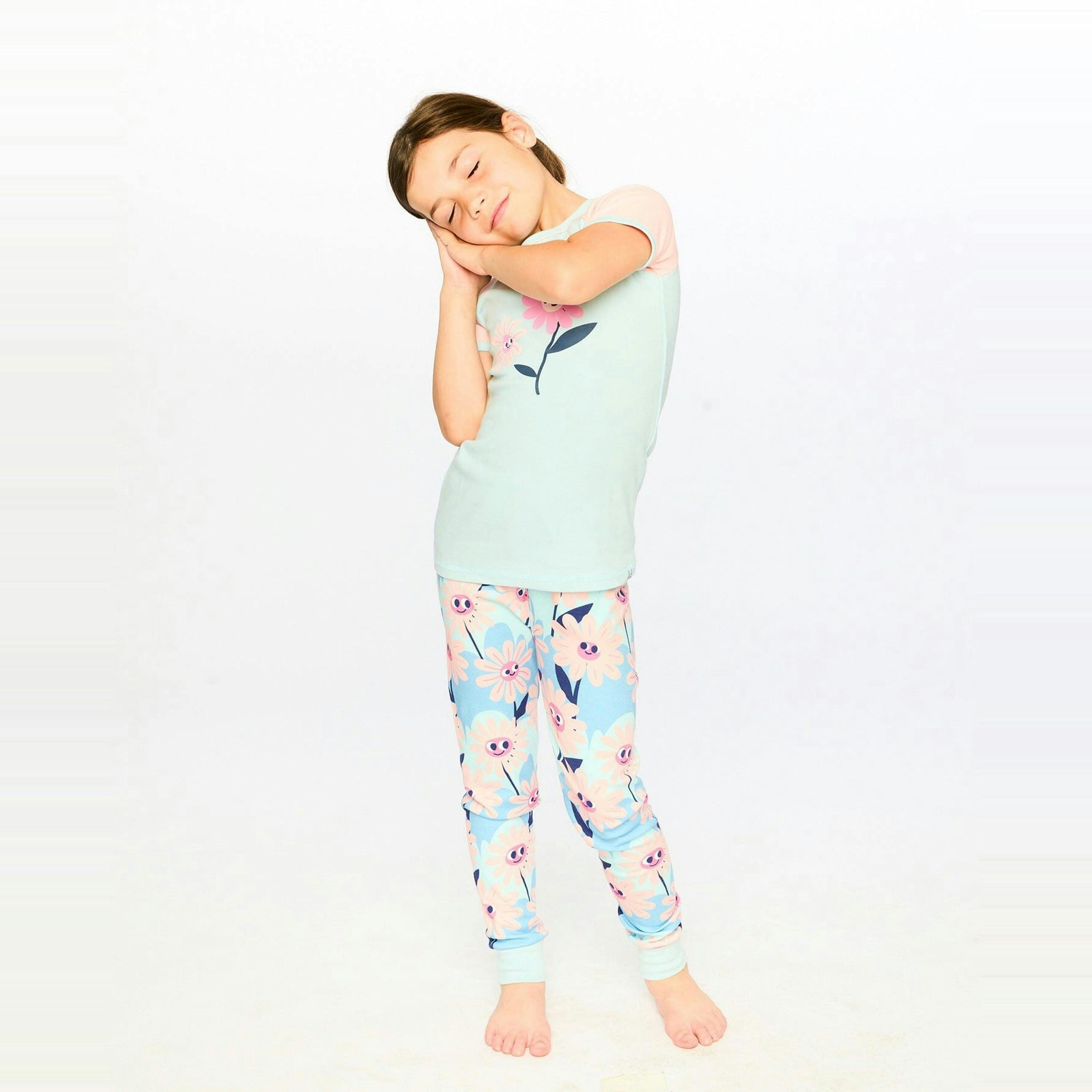 Organic Cotton Two-Piece Pyjama Set Blue Smiling Flower Print , view 2 of 4