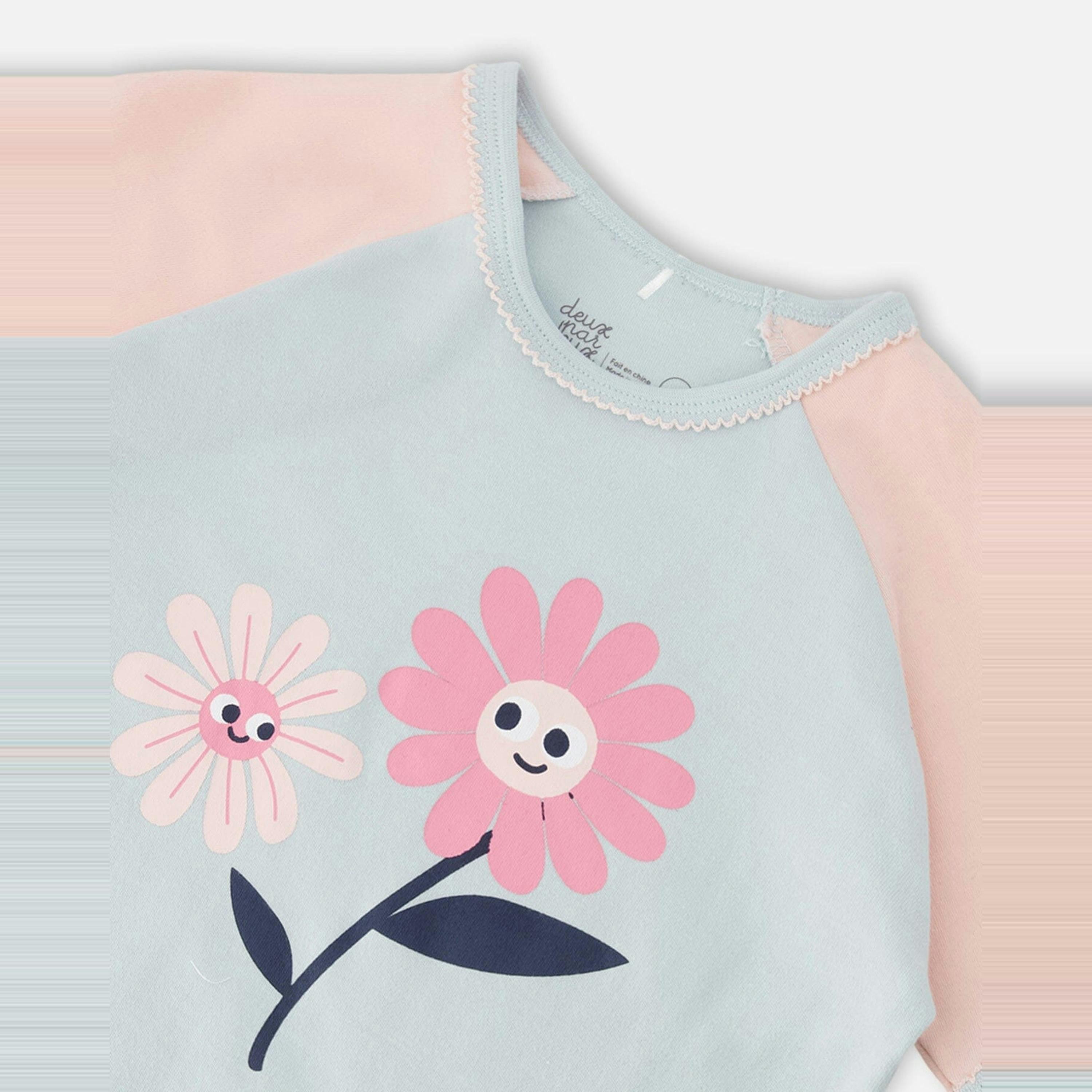 Organic Cotton Two-Piece Pyjama Set Blue Smiling Flower Print , view 3 of 4