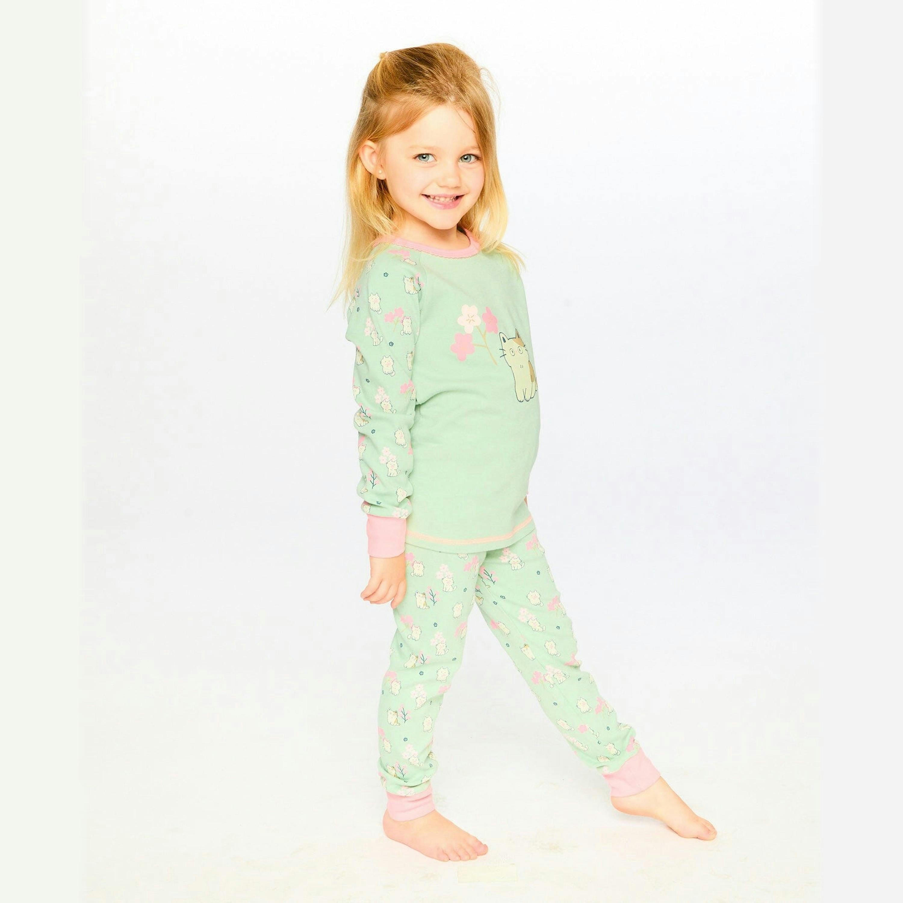 Organic Cotton Two-Piece Pyjama Set Green Kitten Print , view 2 of 4