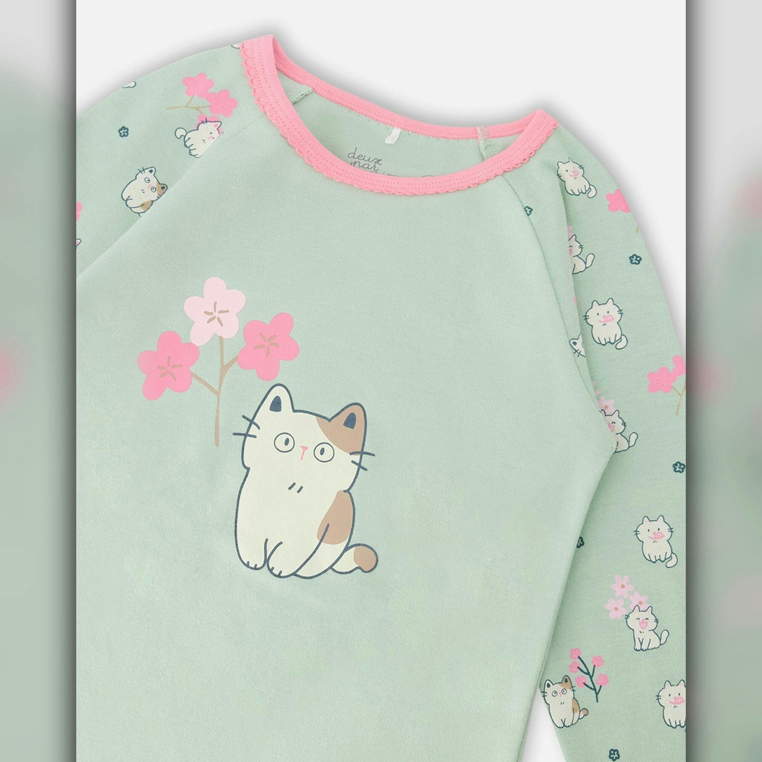 Organic Cotton Two-Piece Pyjama Set Green Kitten Print , view 3 of 4