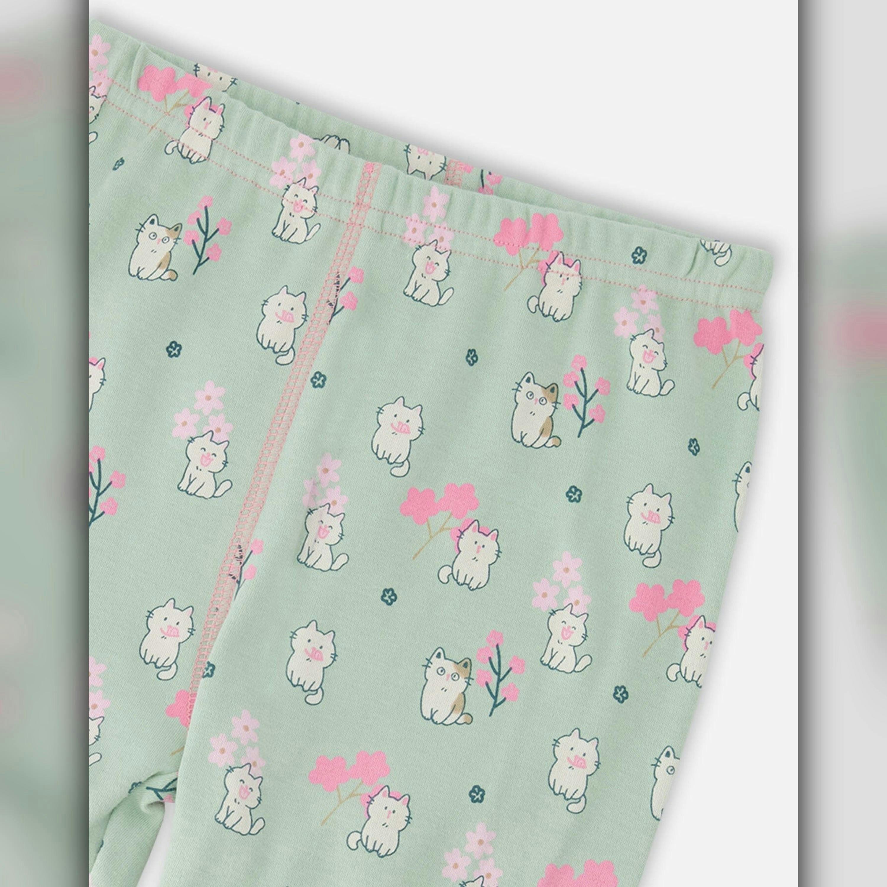 Organic Cotton Two-Piece Pyjama Set Green Kitten Print , view 4 of 4