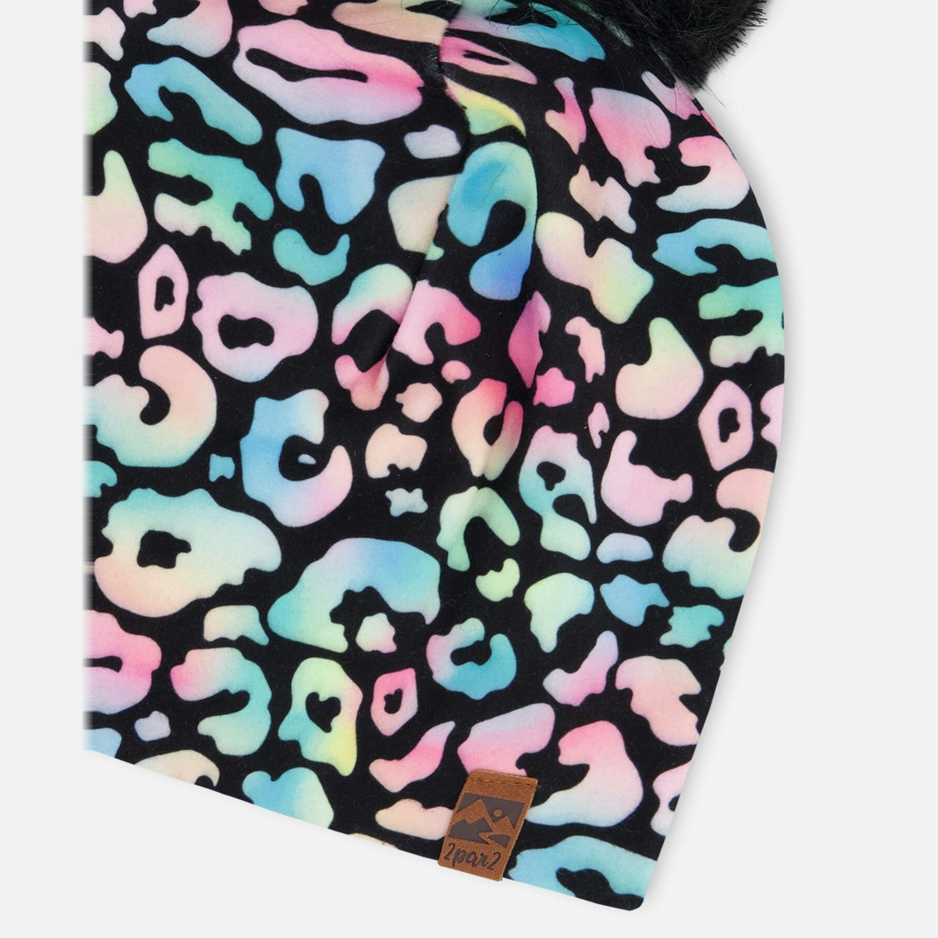 Stretch Jersey Hat Black Animal Print with Pompom , view 3 of 3
