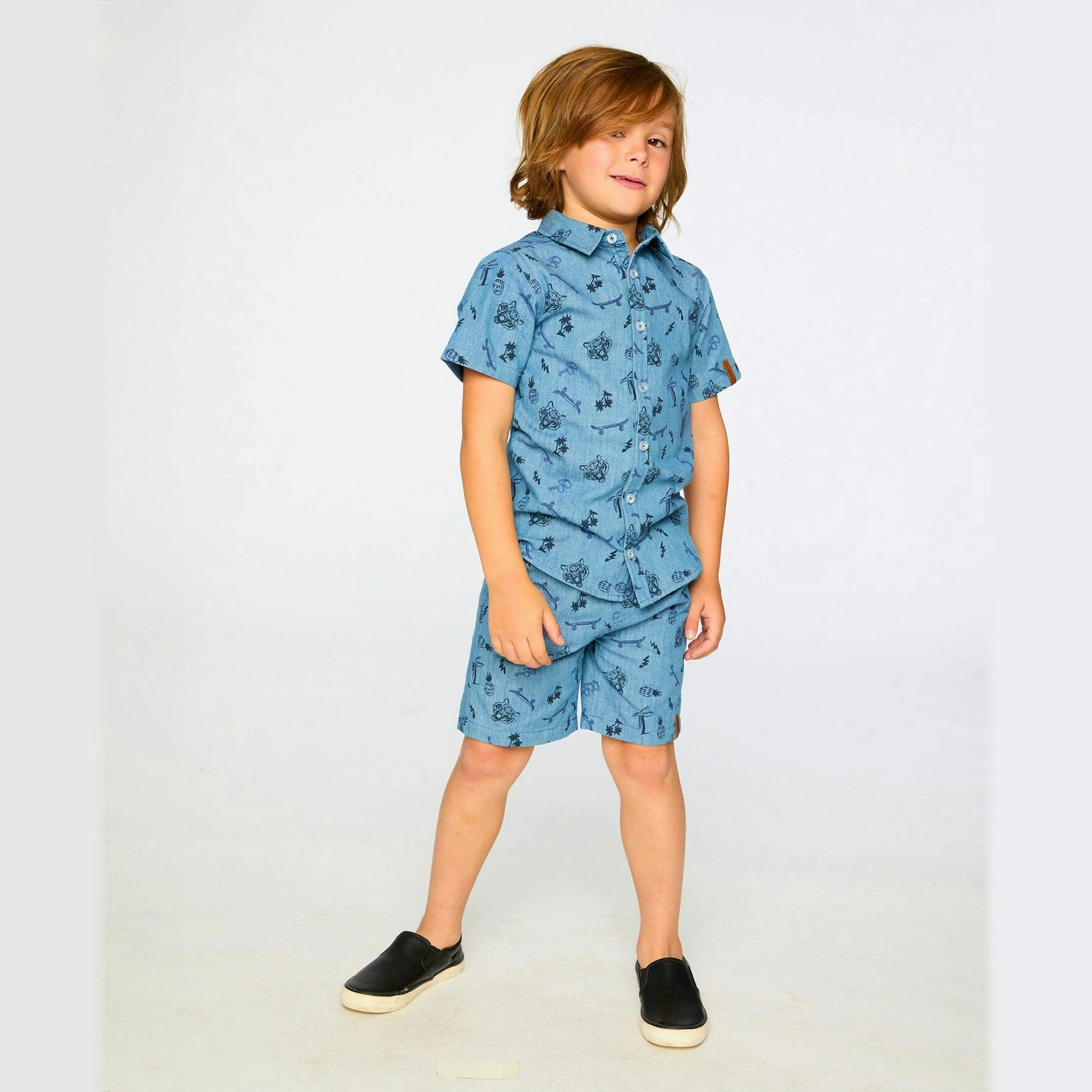 Chambray Short-Sleeve Shirt Blue Printed Skateboards , view 2 of 3