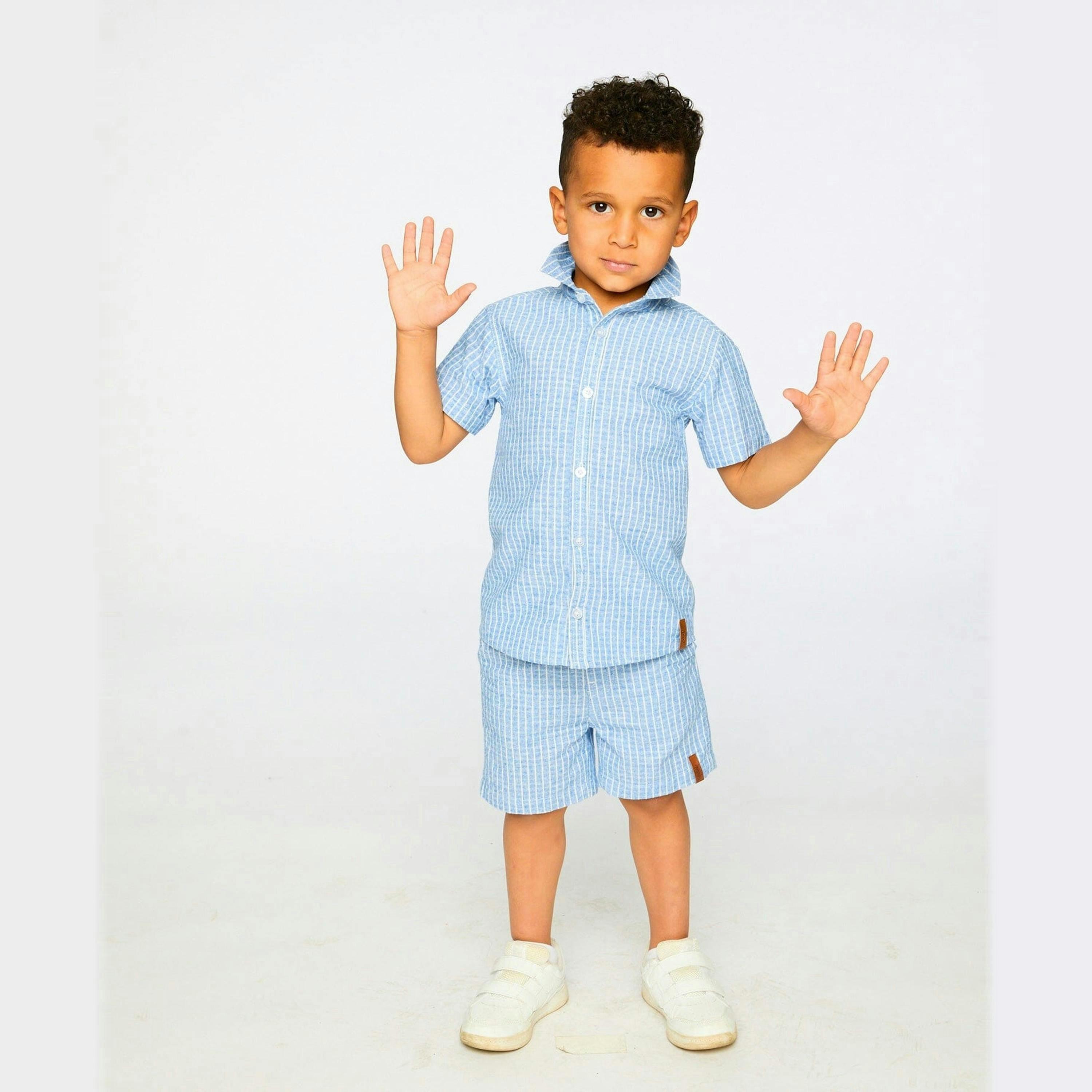 Printed Chambray Short-Sleeve Shirt Blue Denim Stripes , view 2 of 3