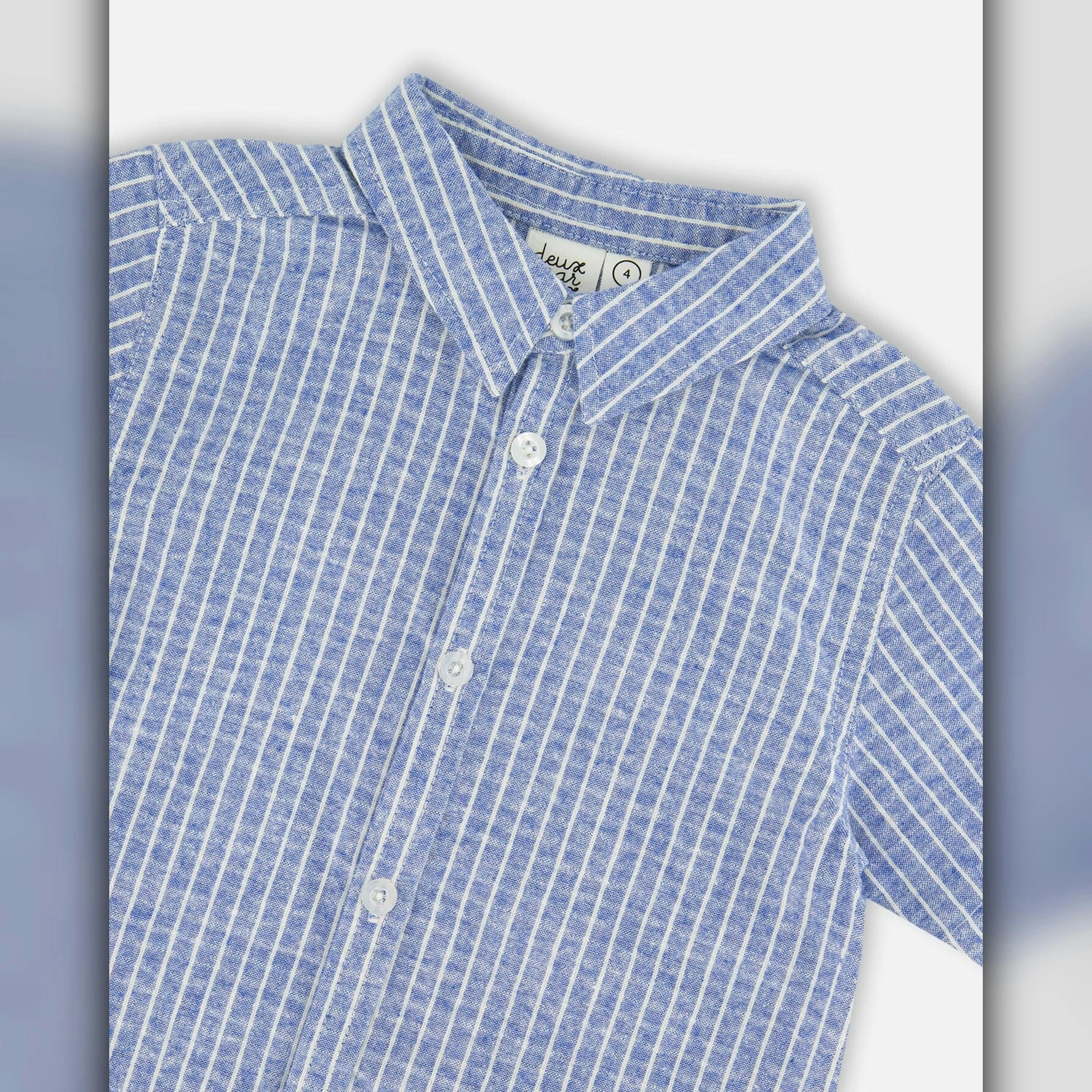 Printed Chambray Short-Sleeve Shirt Blue Denim Stripes , view 3 of 3