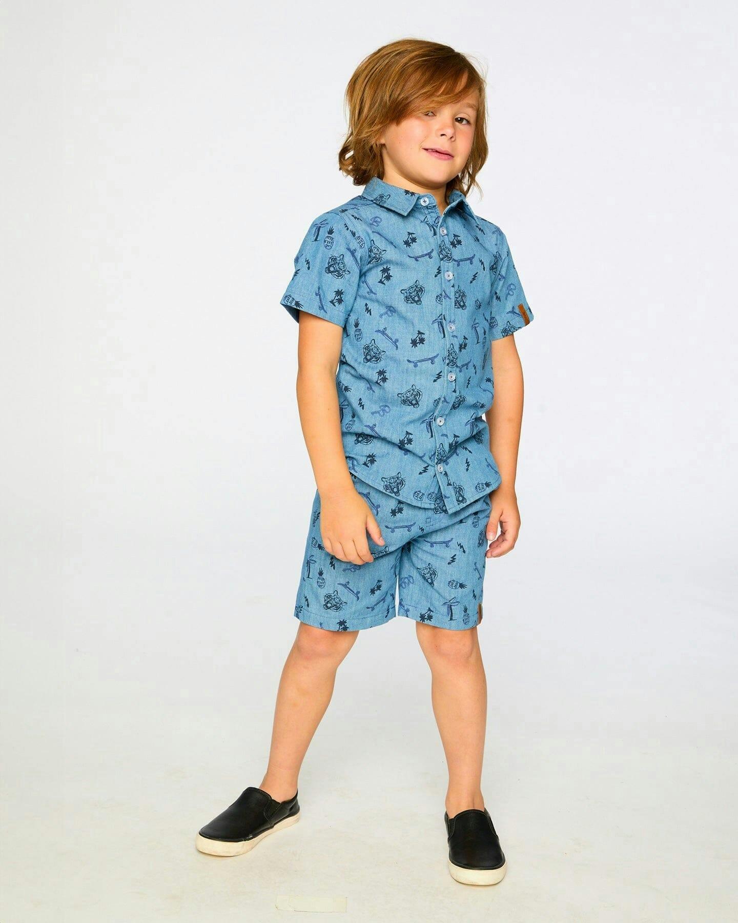 Chambray Shorts Blue Printed Skateboards , view 2 of 4