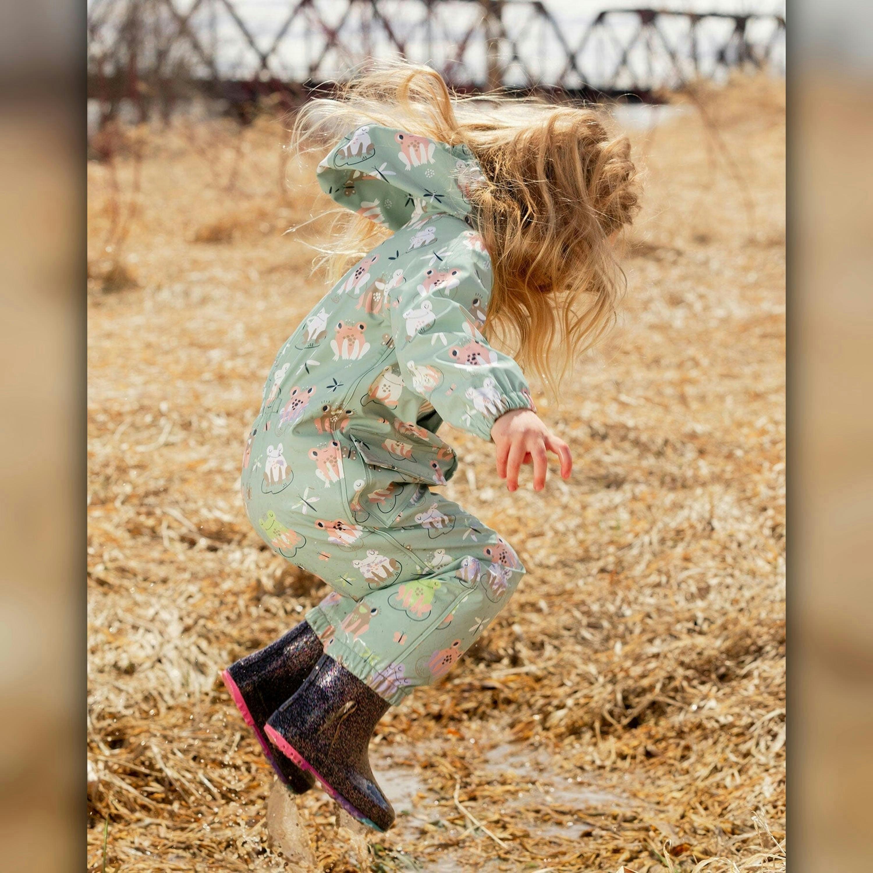 Green rain jumpsuit with color-changing frogs print , view 2 of 6