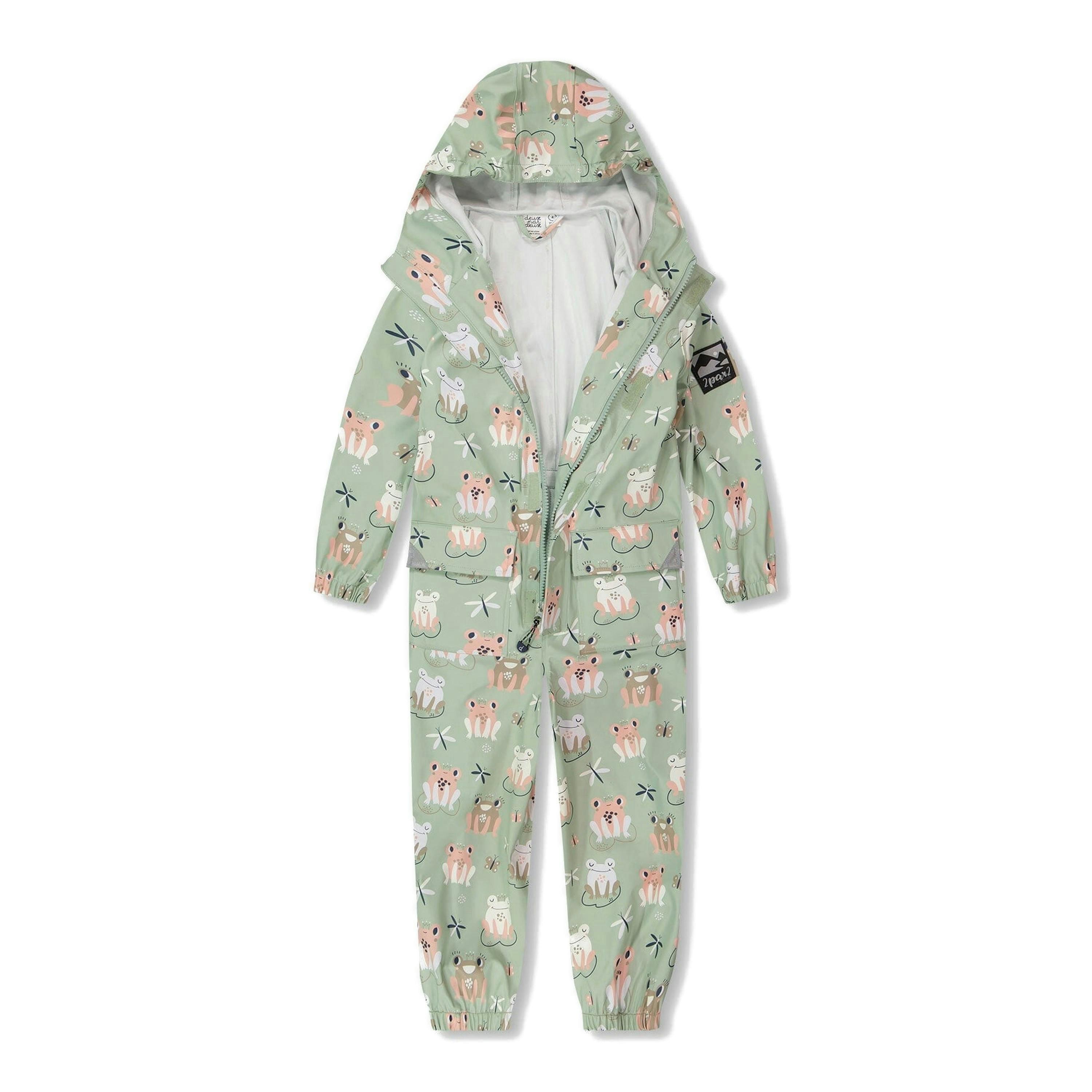 Green rain jumpsuit with color-changing frogs print , view 3 of 6