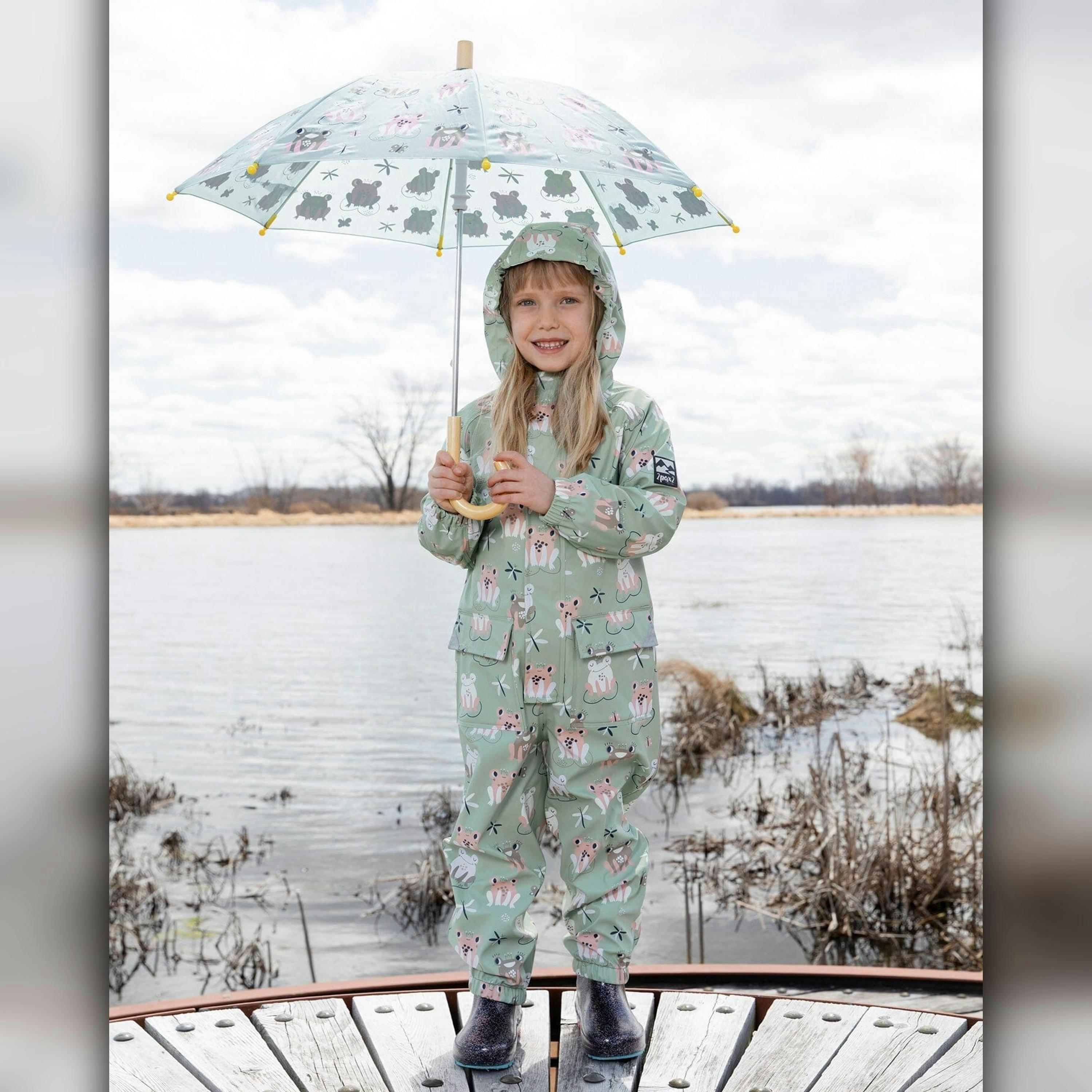 Green rain jumpsuit with color-changing frogs print , view 4 of 6