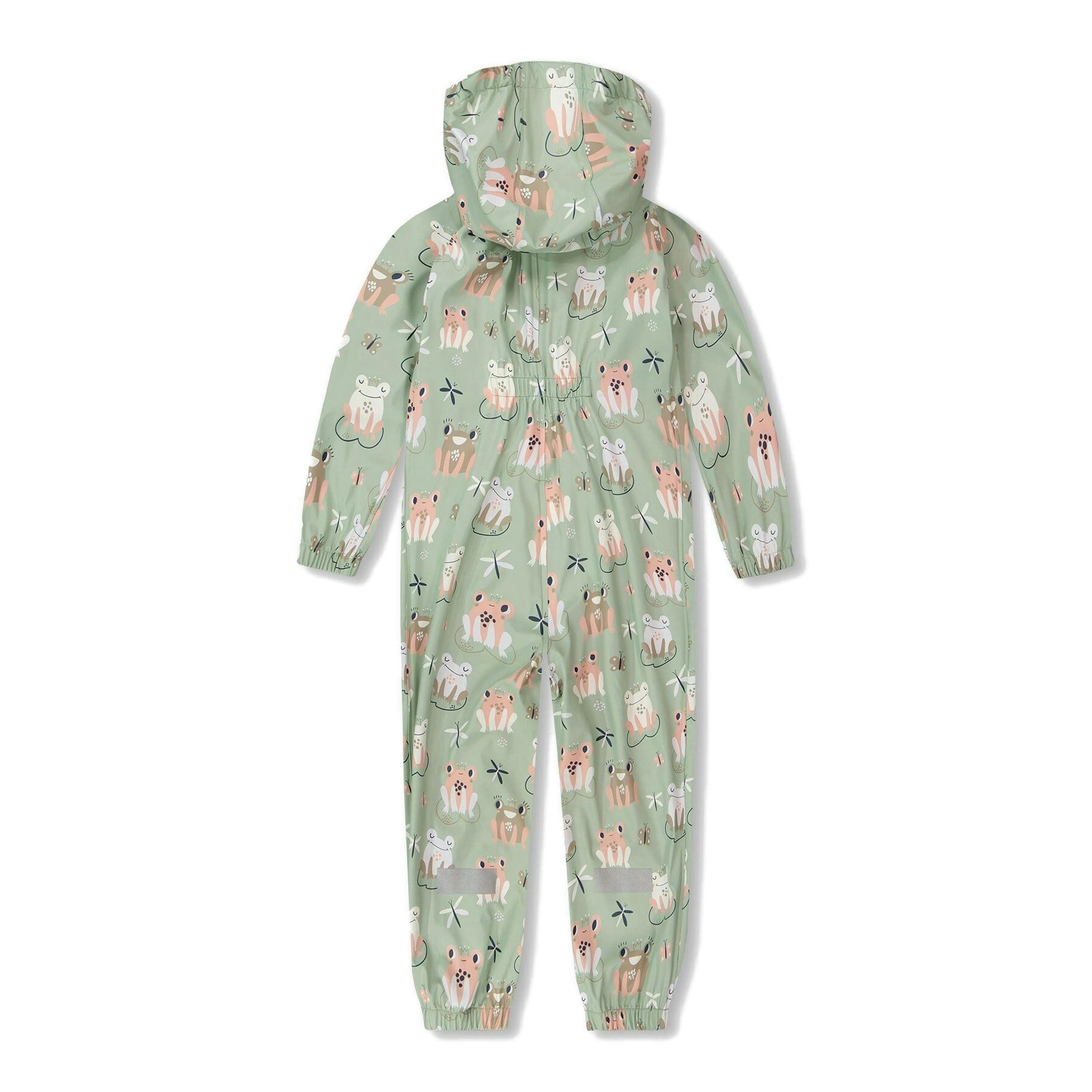 Green rain jumpsuit with color-changing frogs print , view 5 of 6