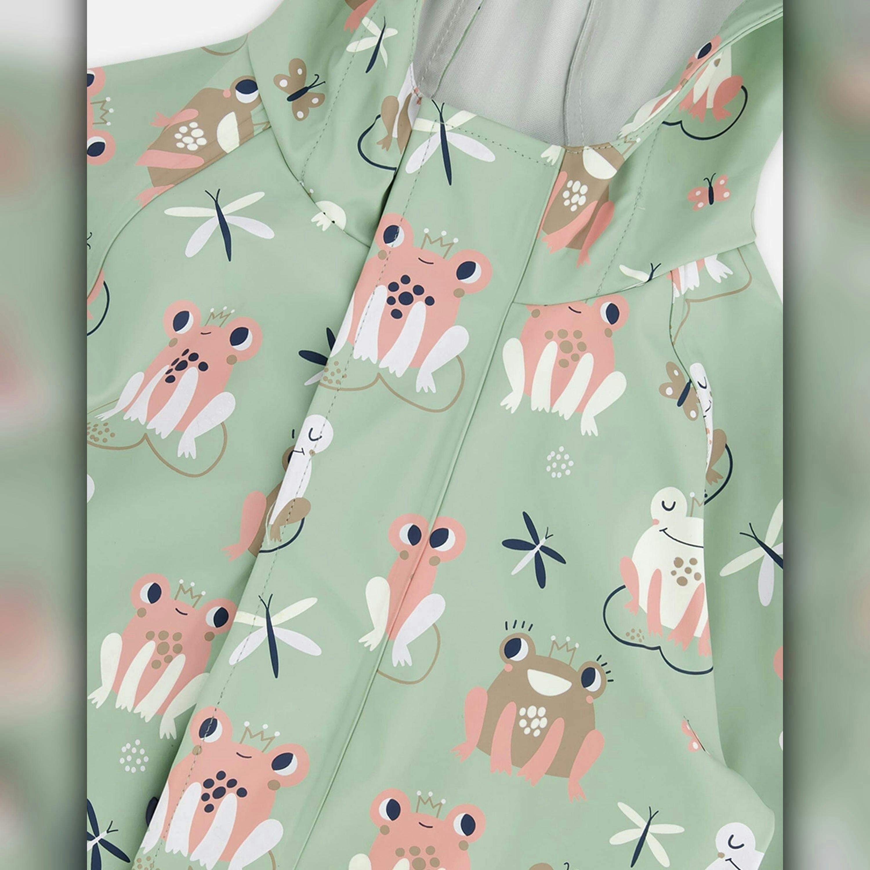 Green rain jumpsuit with color-changing frogs print , view 6 of 6
