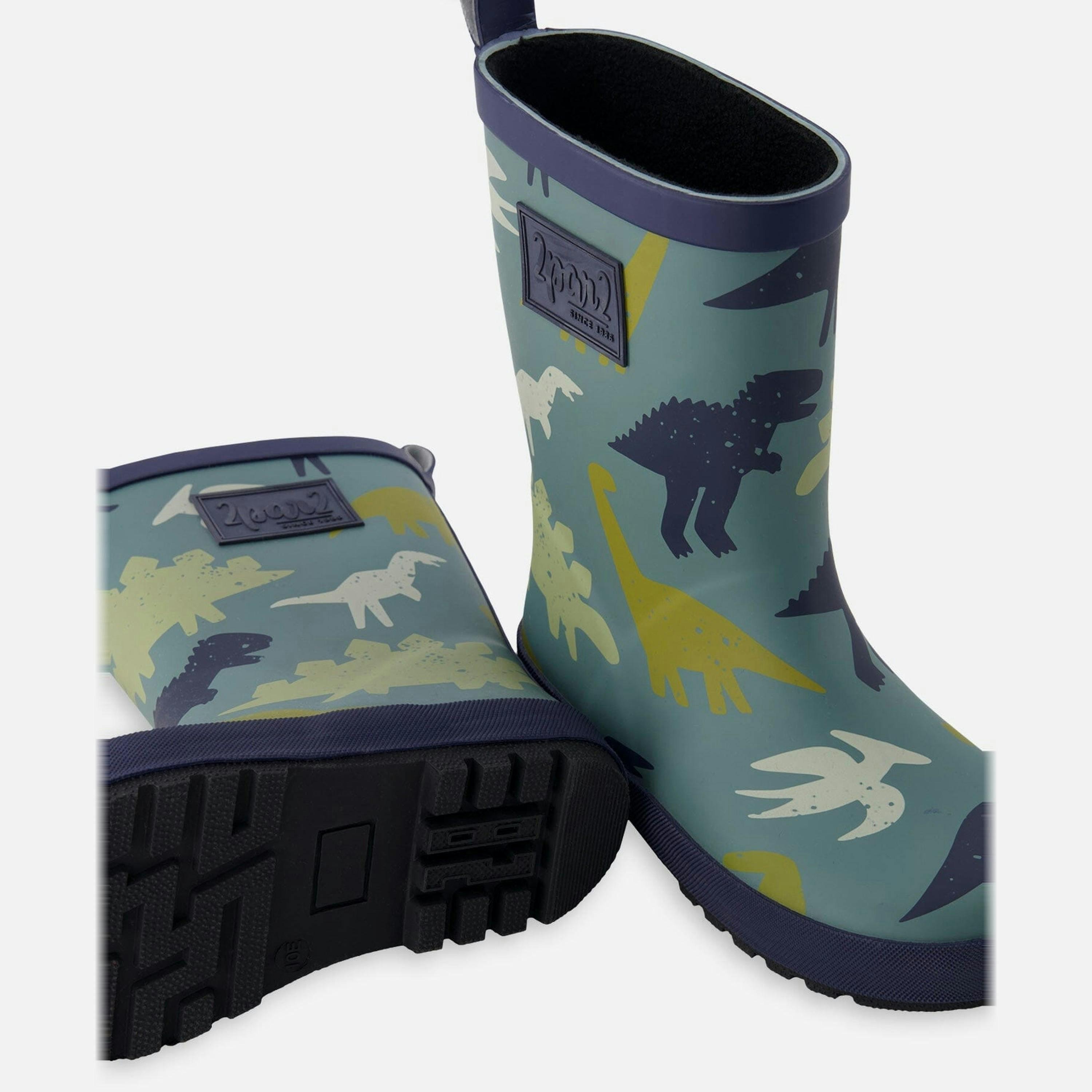Rain Boots In Natural Rubber Green Dinosaur Print , view 3 of 4