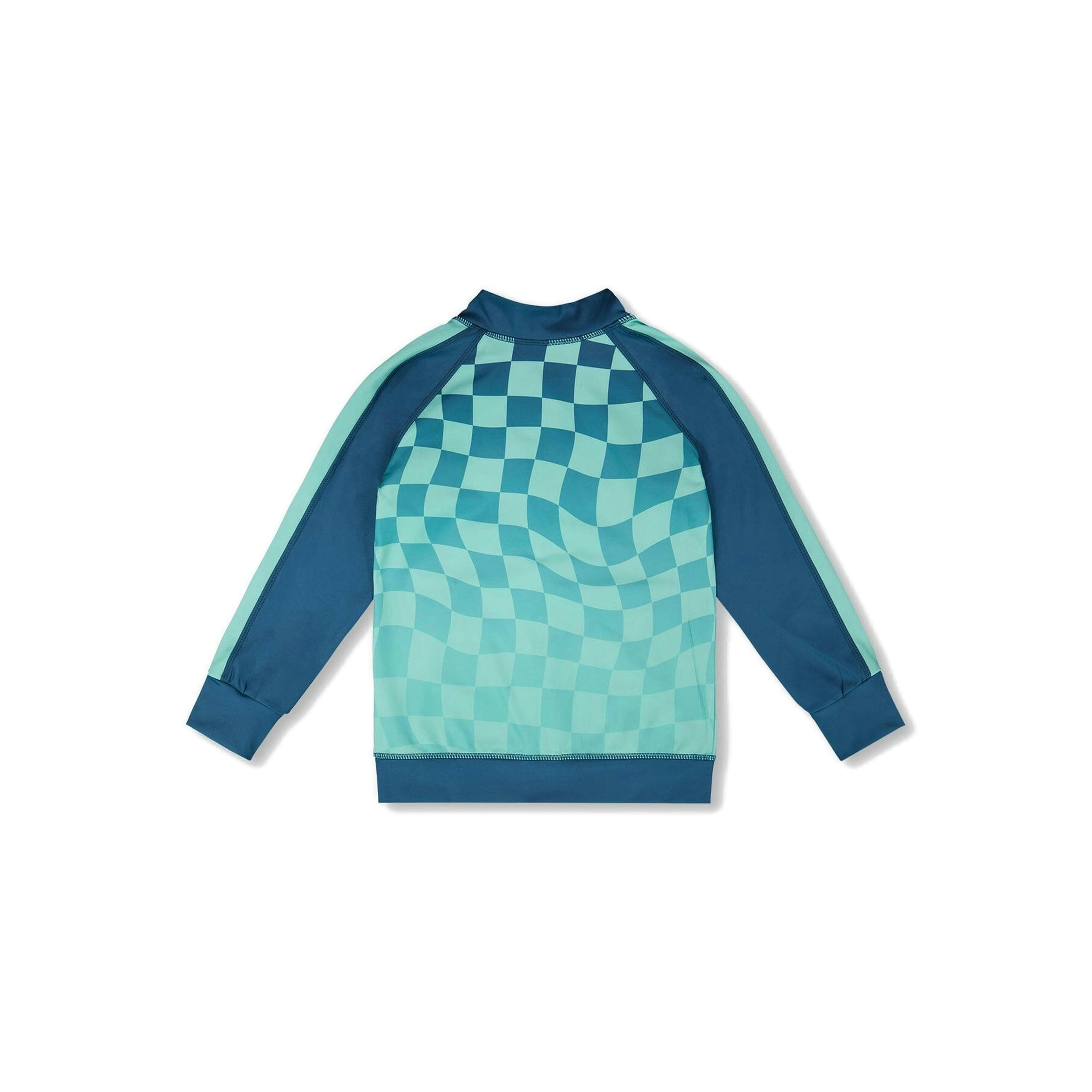 Full Zip Athletic Cardigan in Recycled Polyester Teal Printed Checkerboard , view 2 of 3