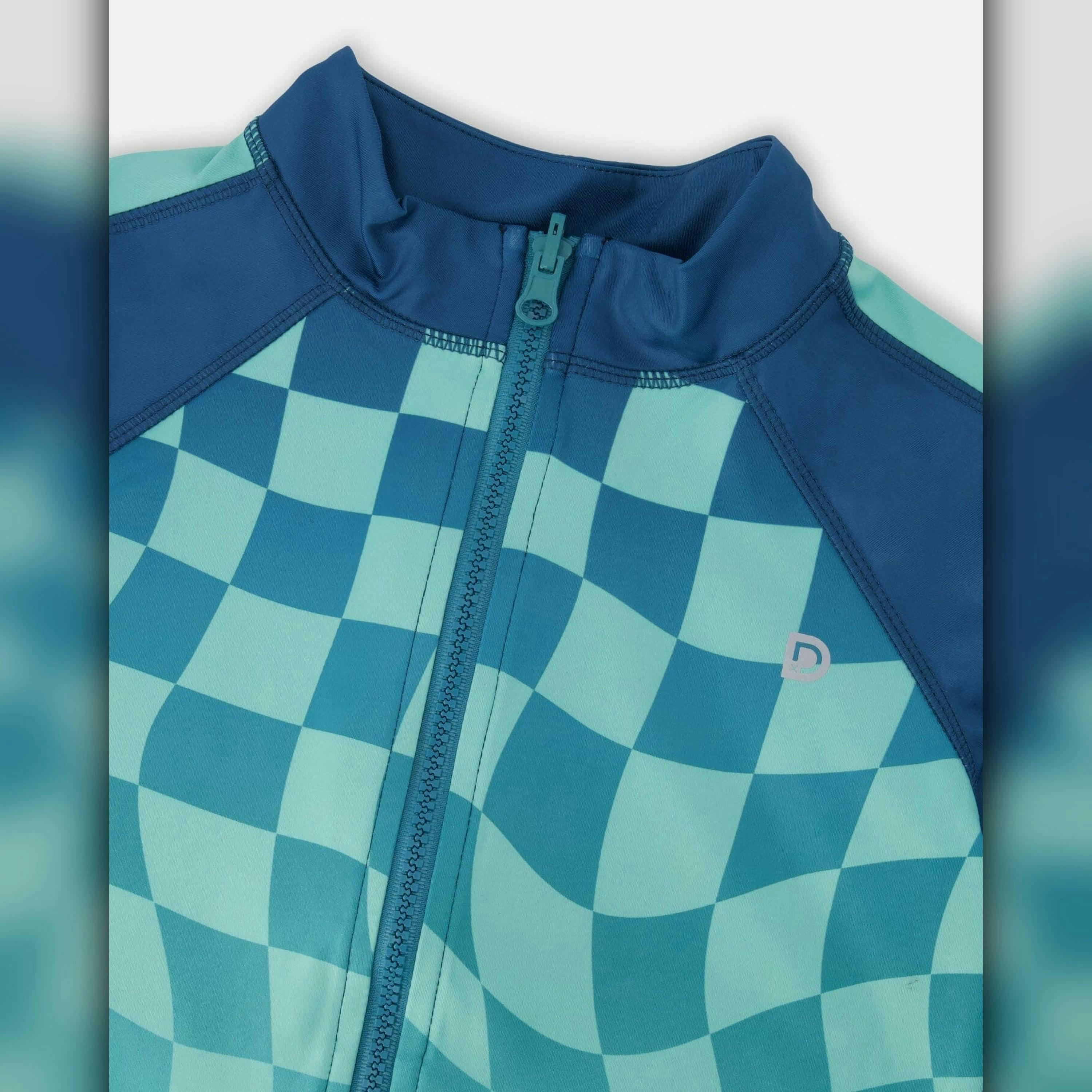 Full Zip Athletic Cardigan in Recycled Polyester Teal Printed Checkerboard , view 3 of 3