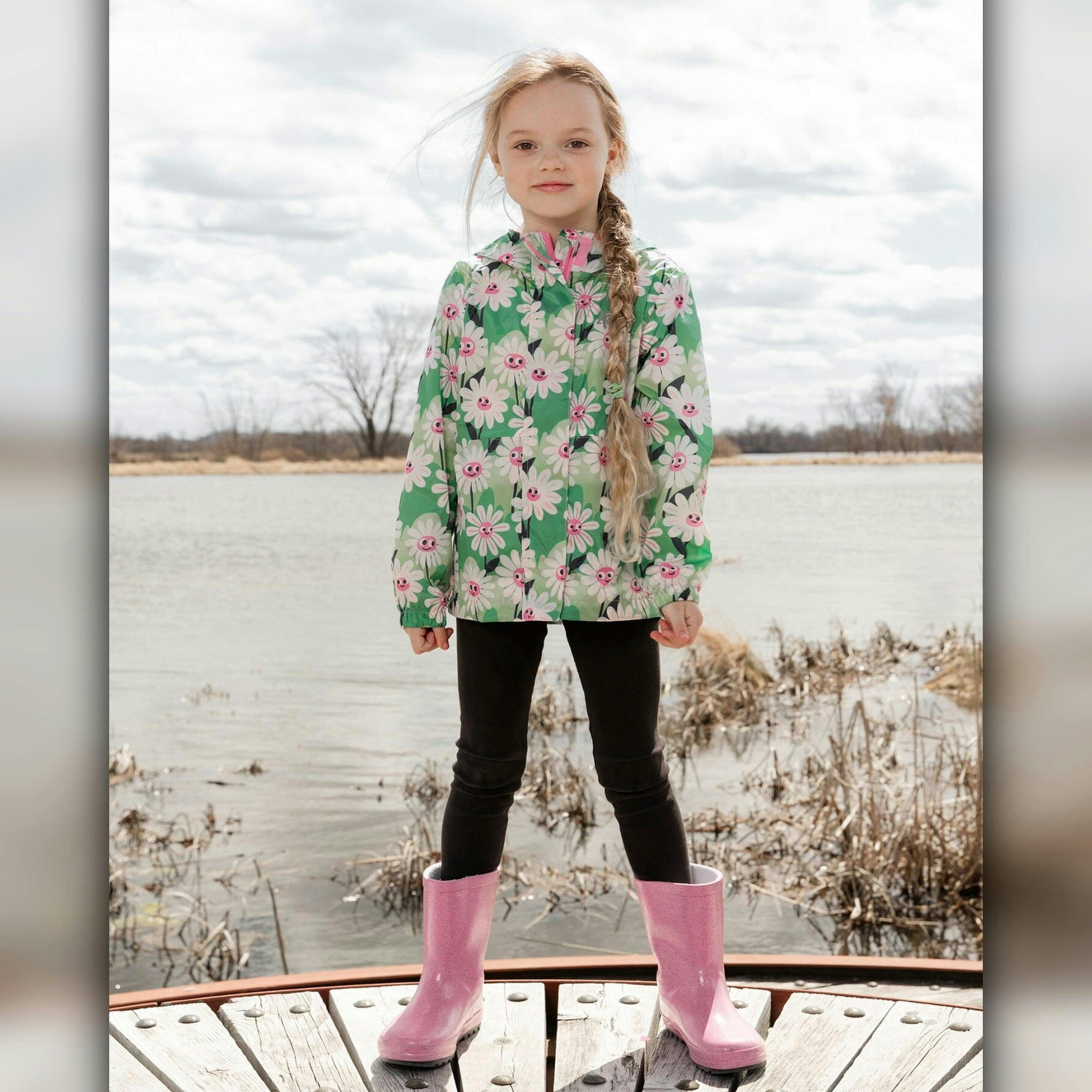 Packable Windbreaker In Polyester Green Smiling Flower Print , view 2 of 6