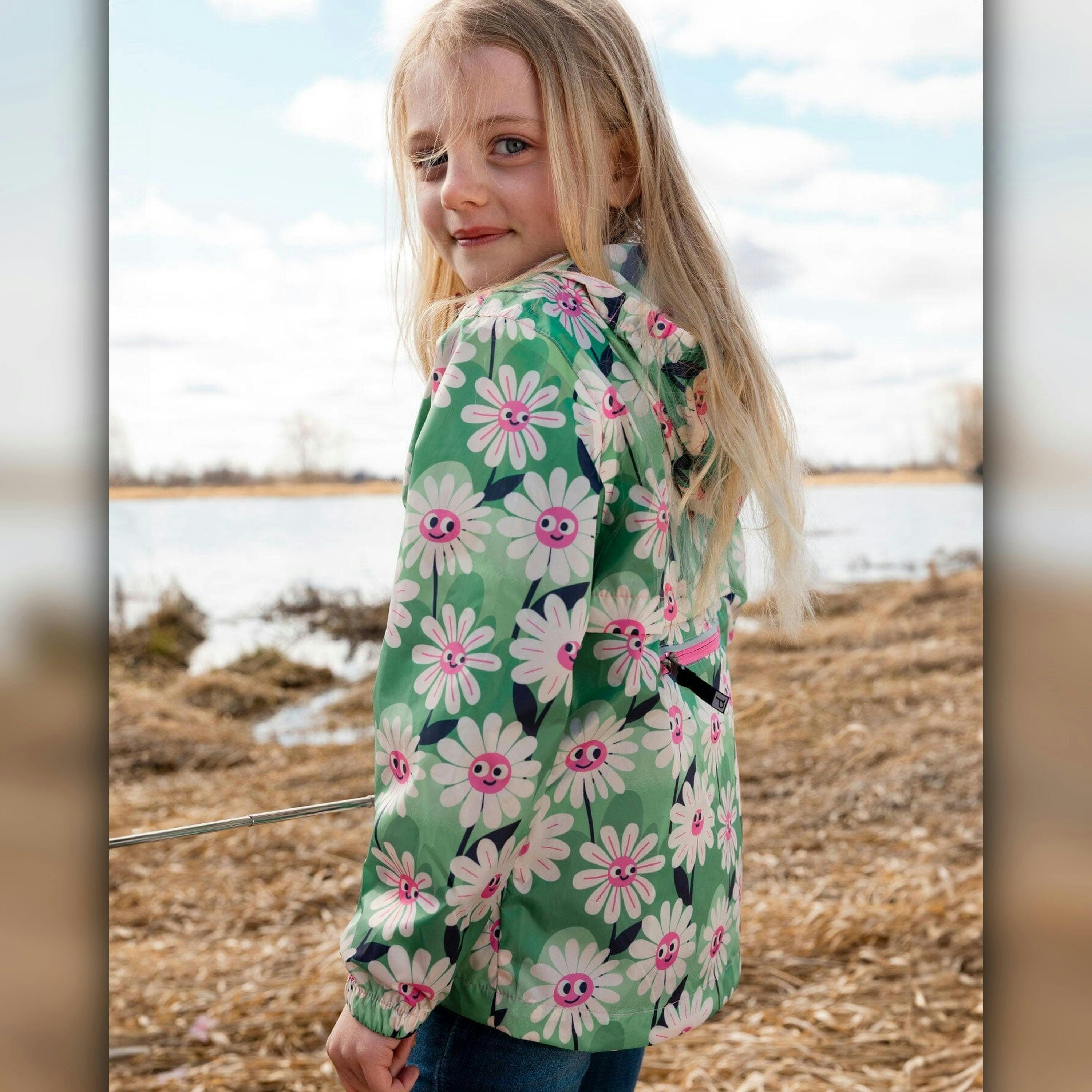 Packable Windbreaker In Polyester Green Smiling Flower Print , view 4 of 6