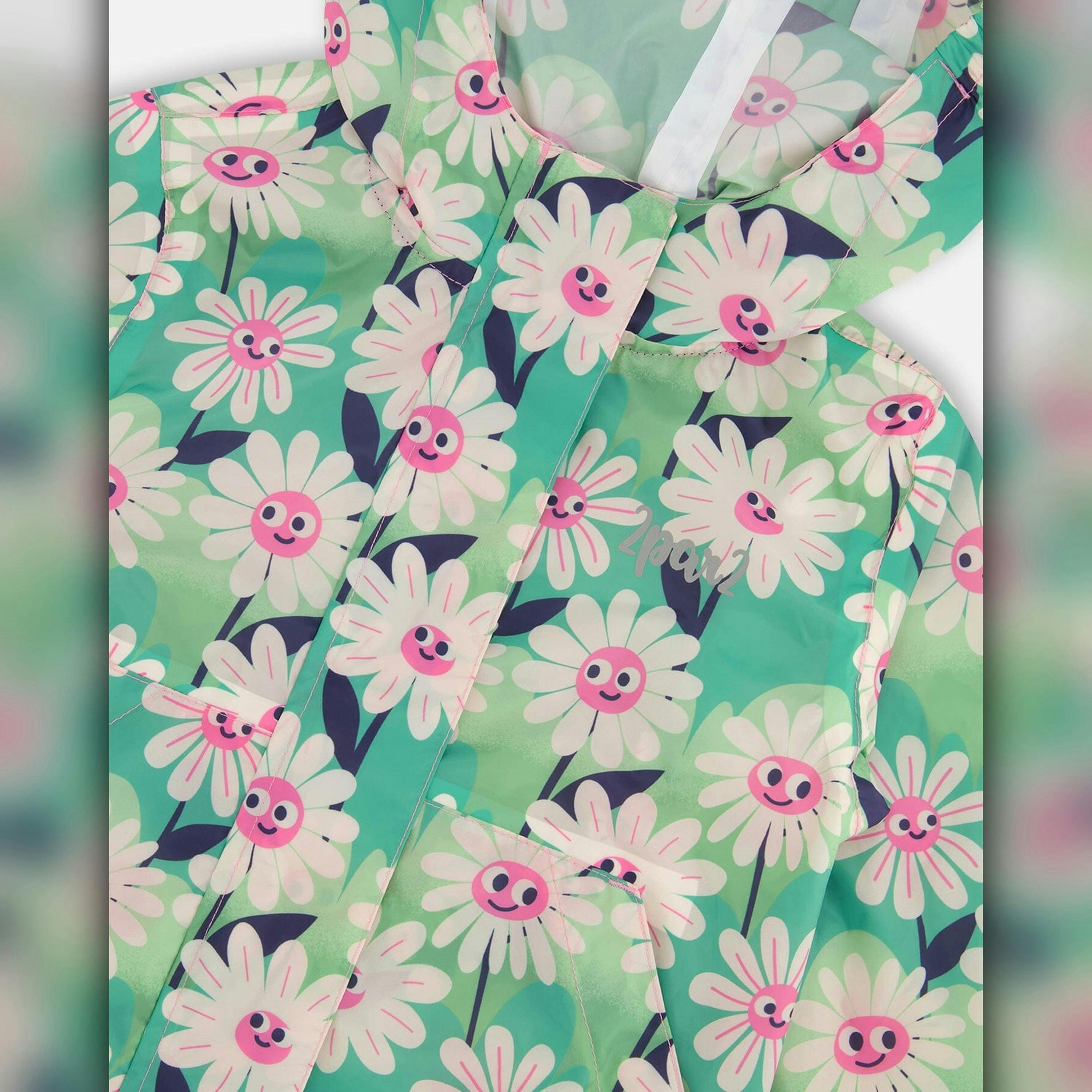 Packable Windbreaker In Polyester Green Smiling Flower Print , view 5 of 6