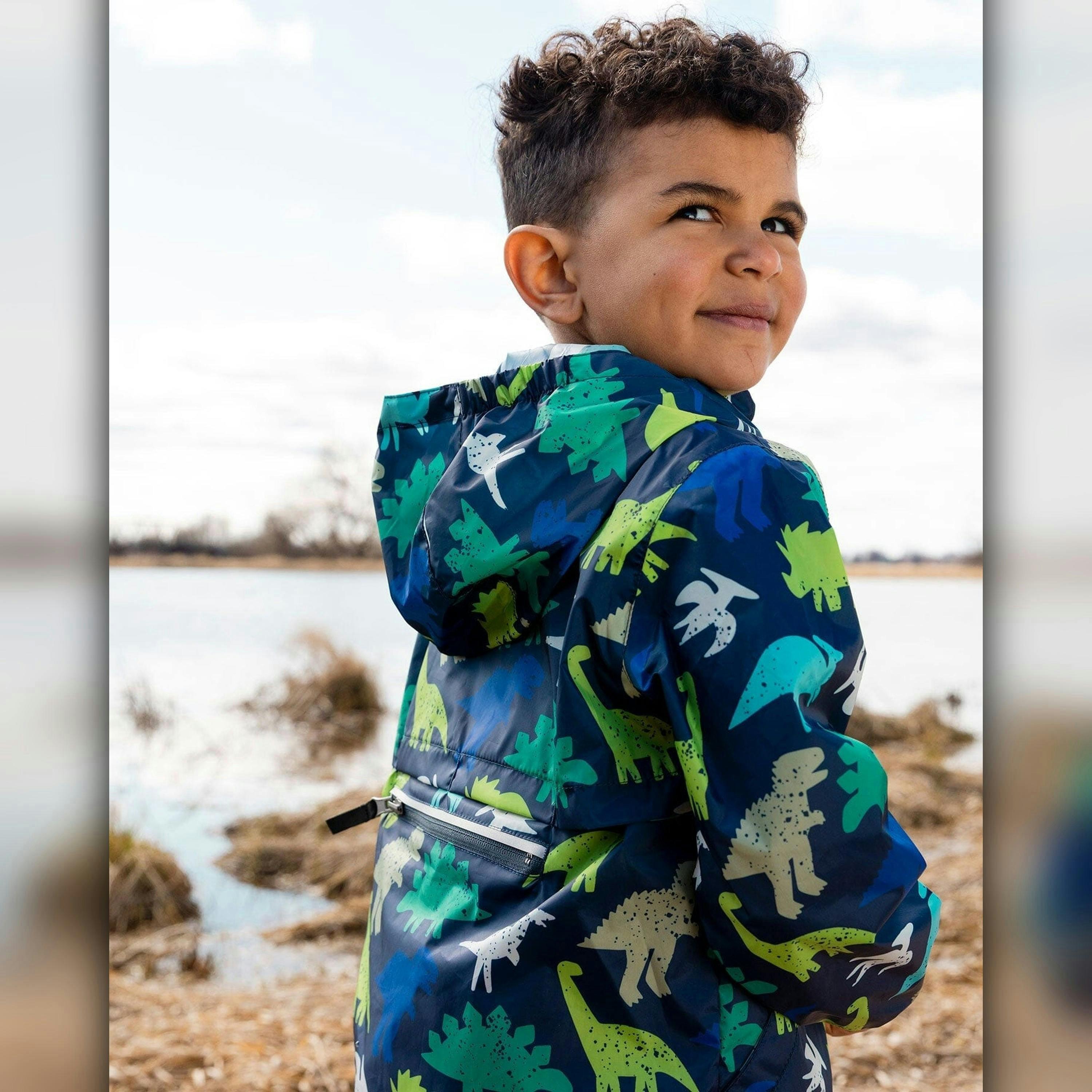 Packable Windbreaker In Polyester Blue Dinosaur Print , view 2 of 6