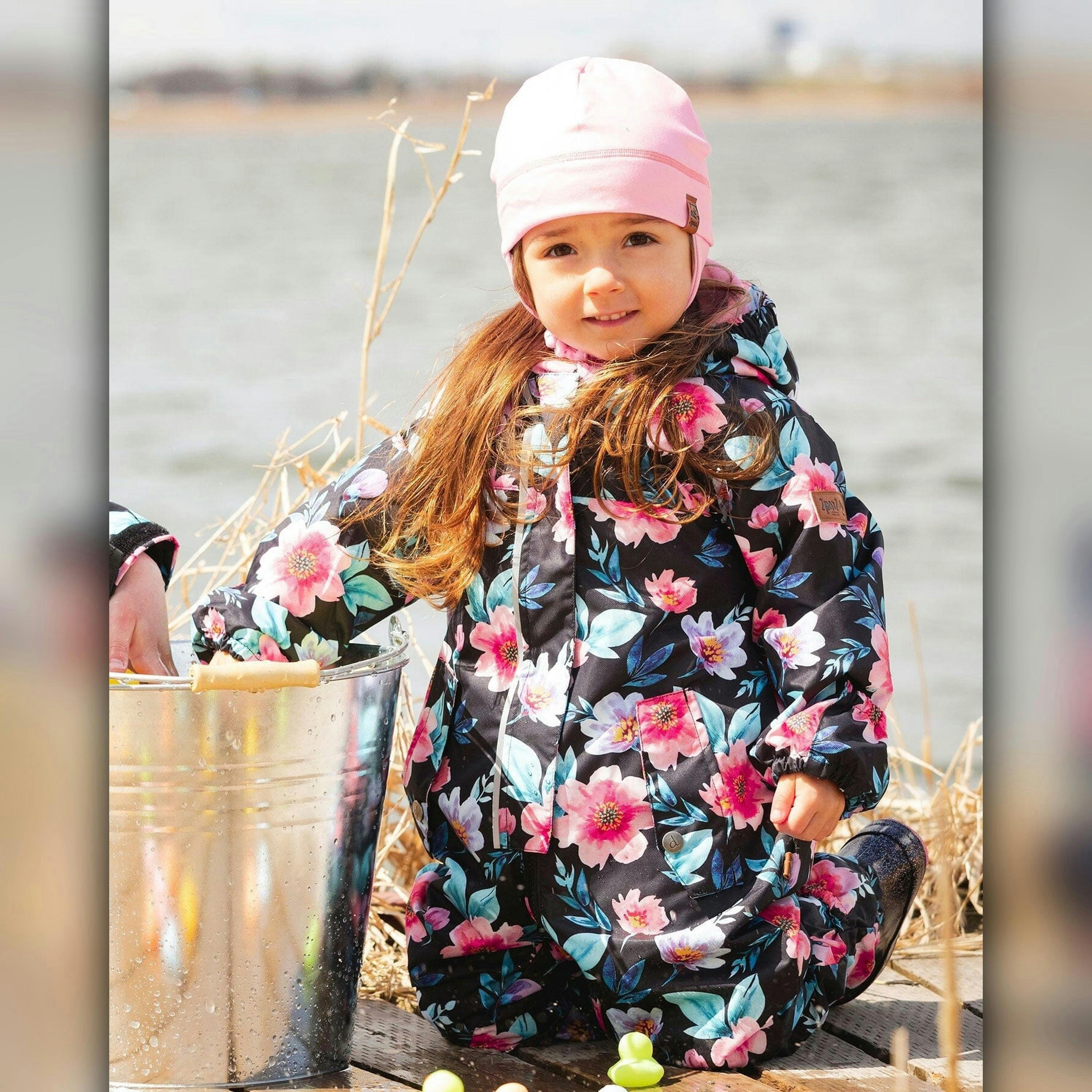 Baby Mid-Season One-Piece Outerwear With Hat Black Printed Flowers , view 2 of 6