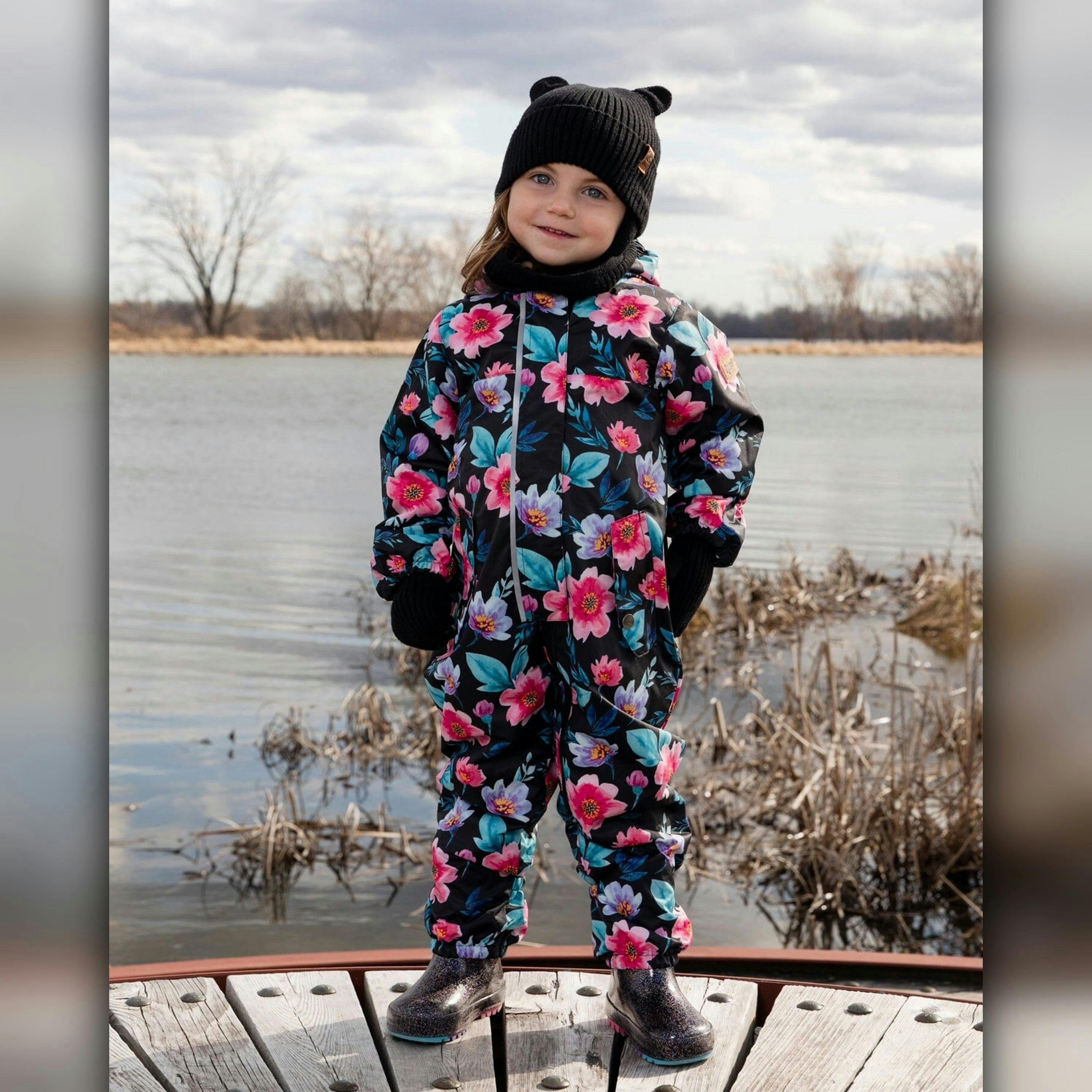 Baby Mid-Season One-Piece Outerwear With Hat Black Printed Flowers , view 3 of 6