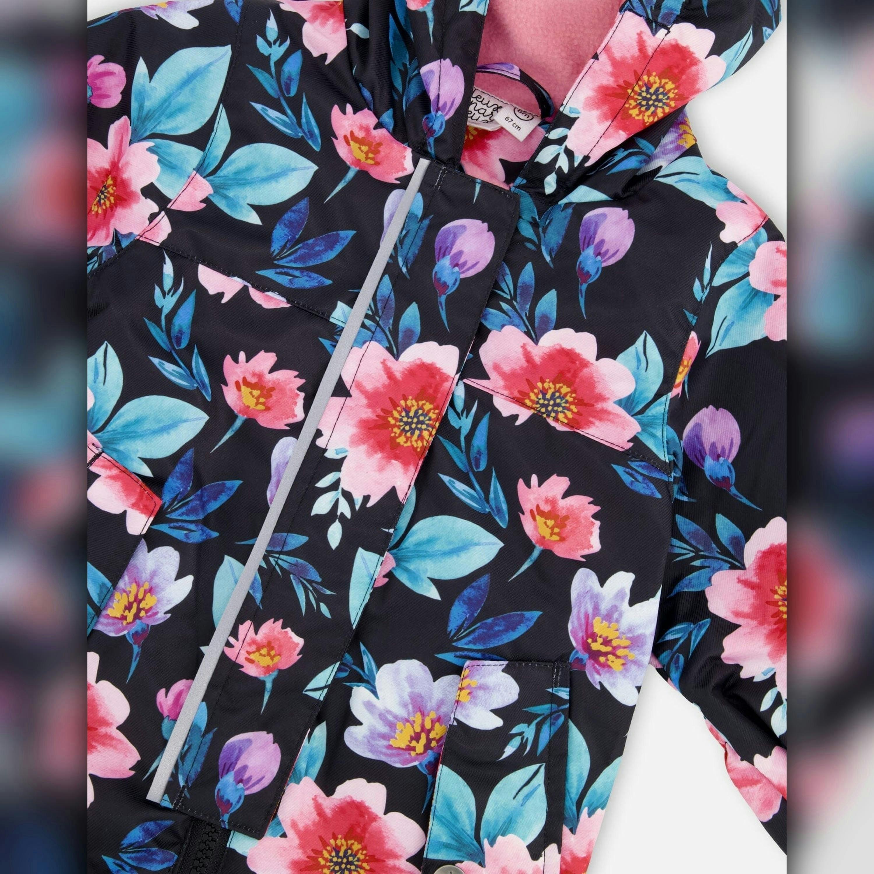 Baby Mid-Season One-Piece Outerwear With Hat Black Printed Flowers , view 5 of 6