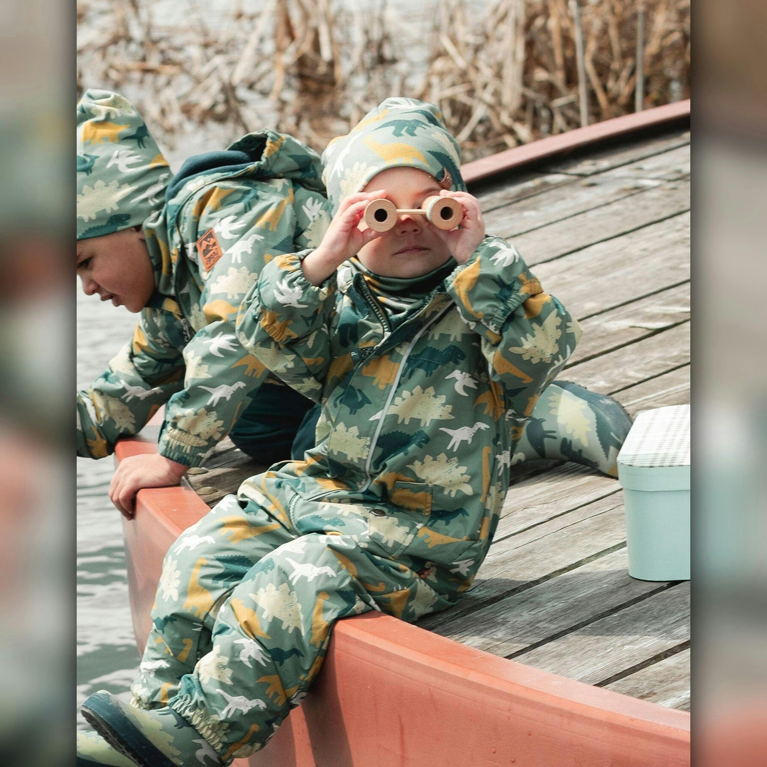 Baby Mid-Season One-Piece Outerwear With Hat Green Dinosaur Print , view 2 of 6