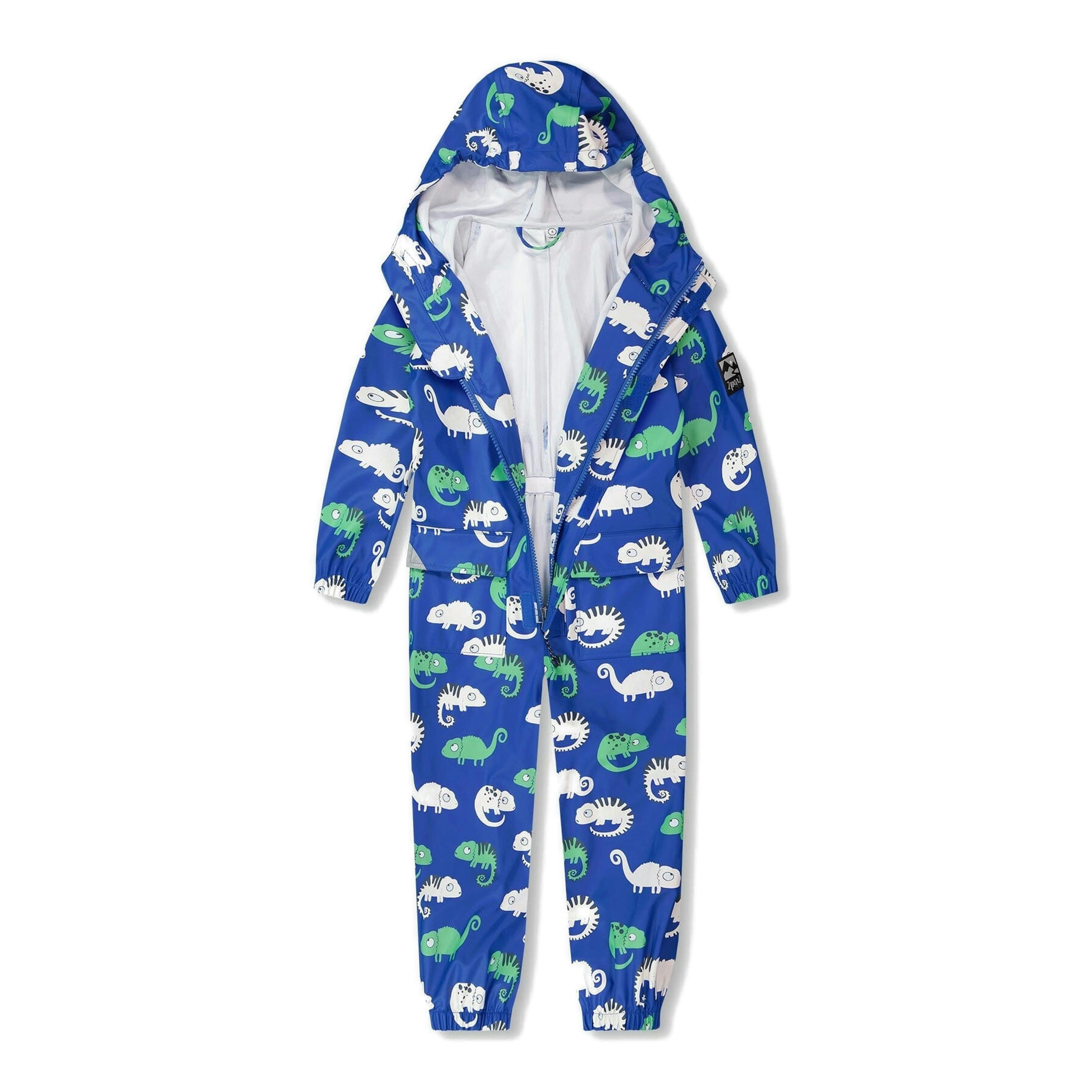 Blue rain jumpsuit with color-changing chameleon print , view 3 of 6