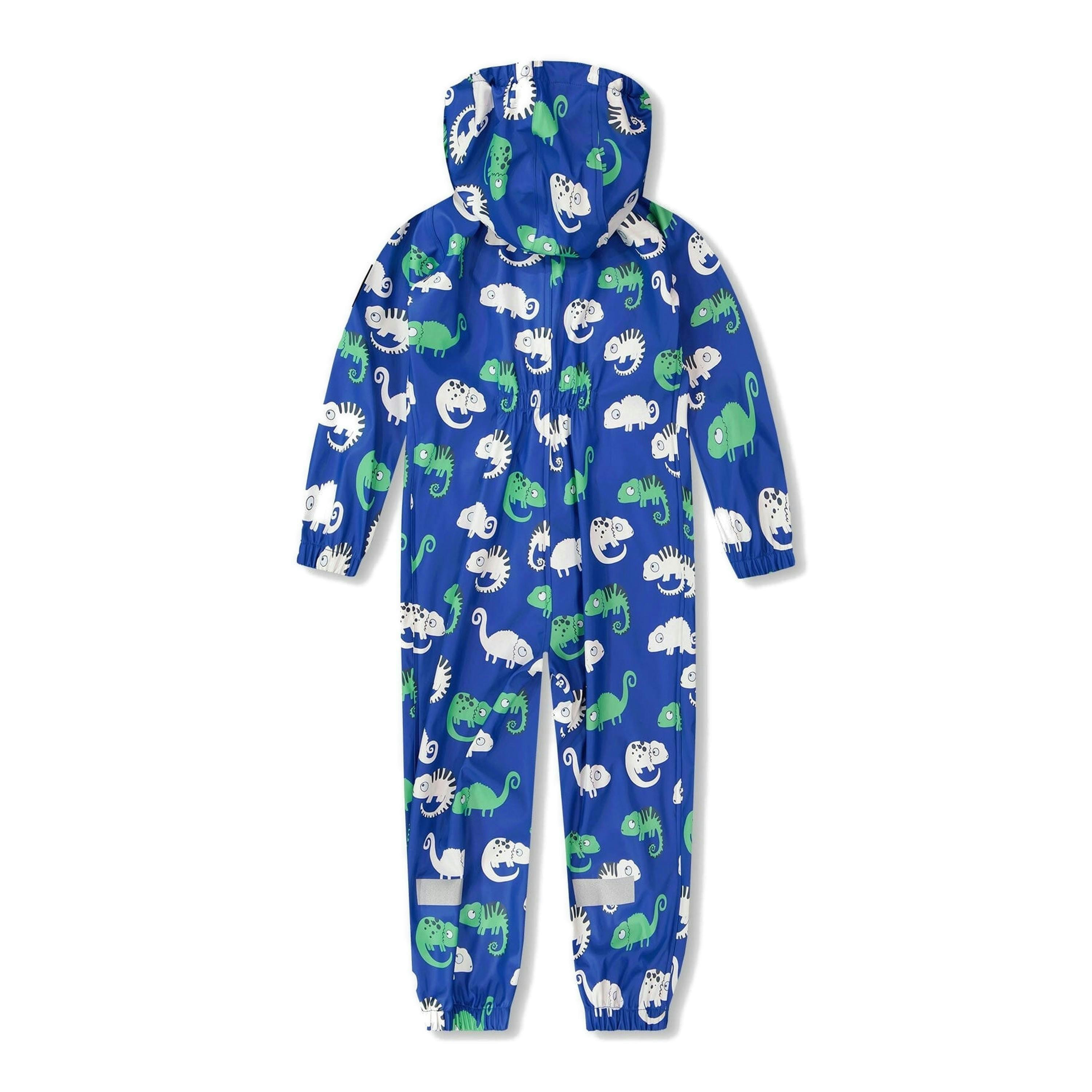 Blue rain jumpsuit with color-changing chameleon print , view 4 of 6