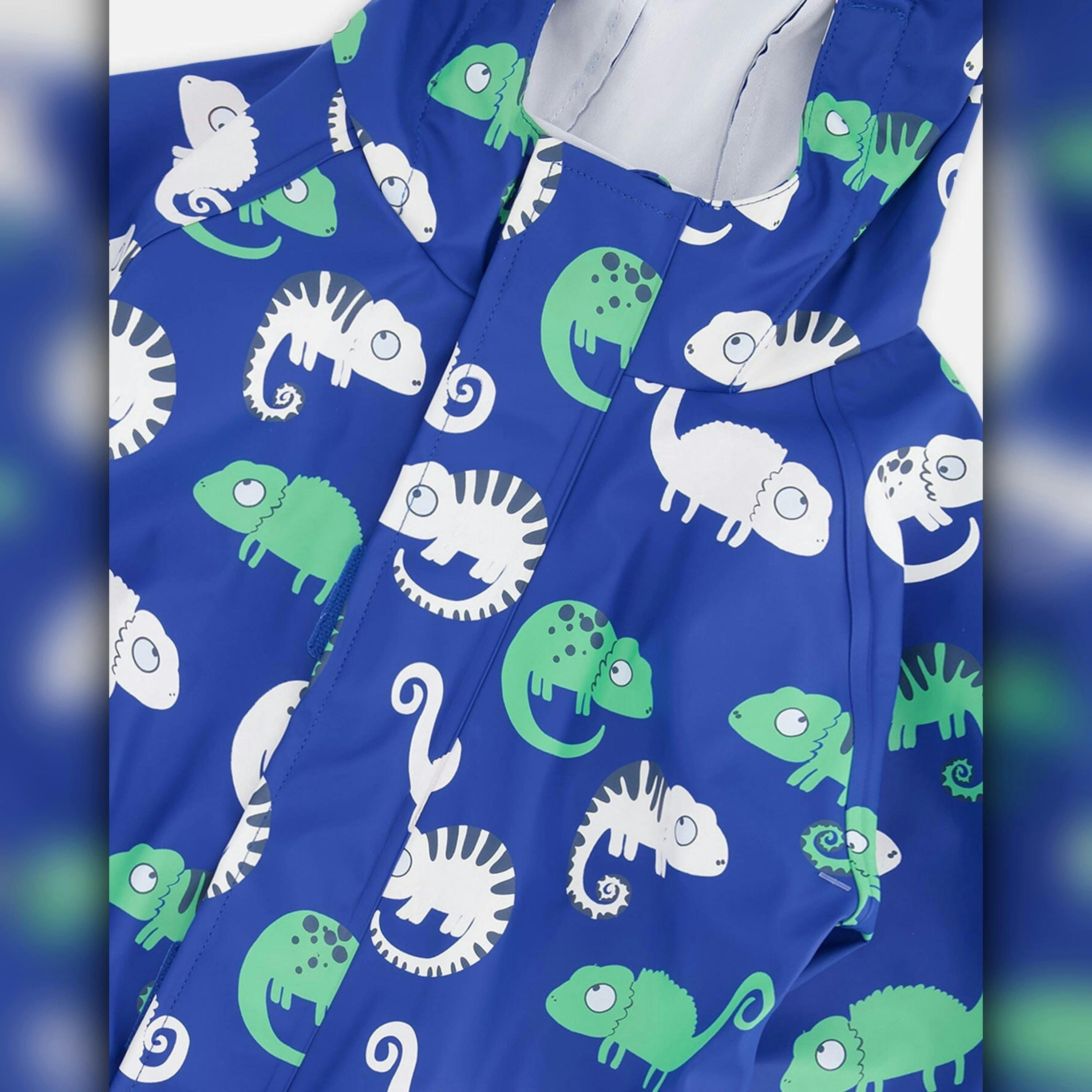 Blue rain jumpsuit with color-changing chameleon print , view 5 of 6