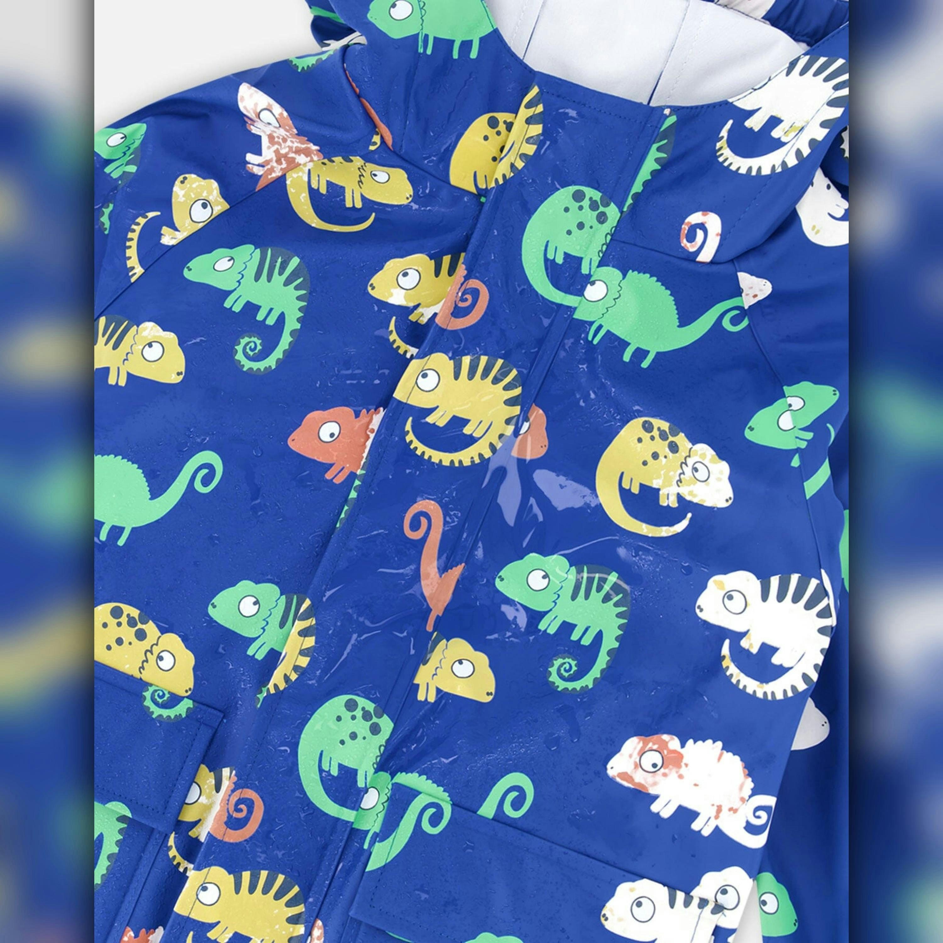 Blue rain jumpsuit with color-changing chameleon print , view 6 of 6