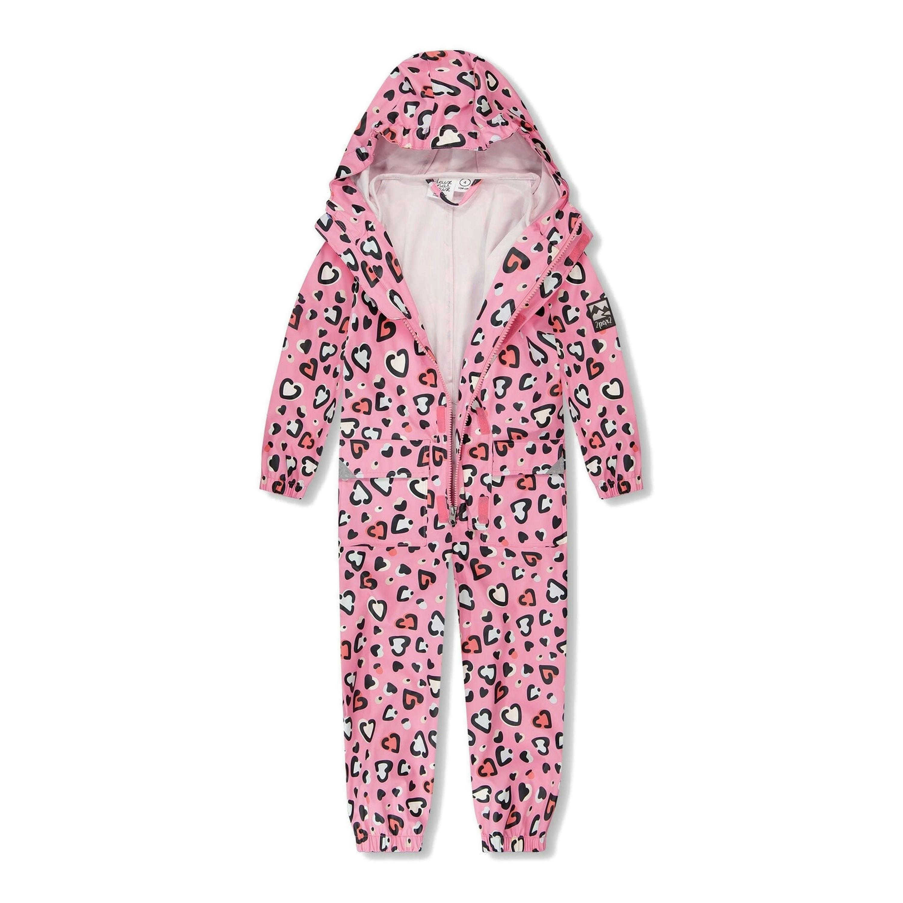 Pink rain jumpsuit with color-changing hearts print , view 3 of 5