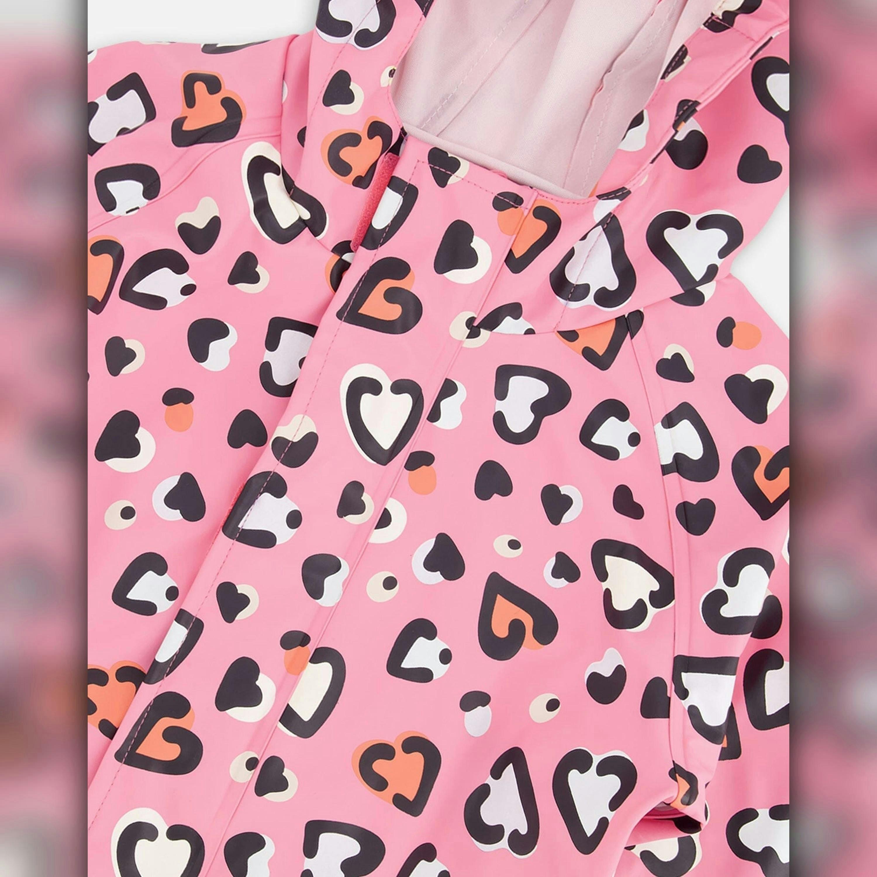 Pink rain jumpsuit with color-changing hearts print , view 4 of 5