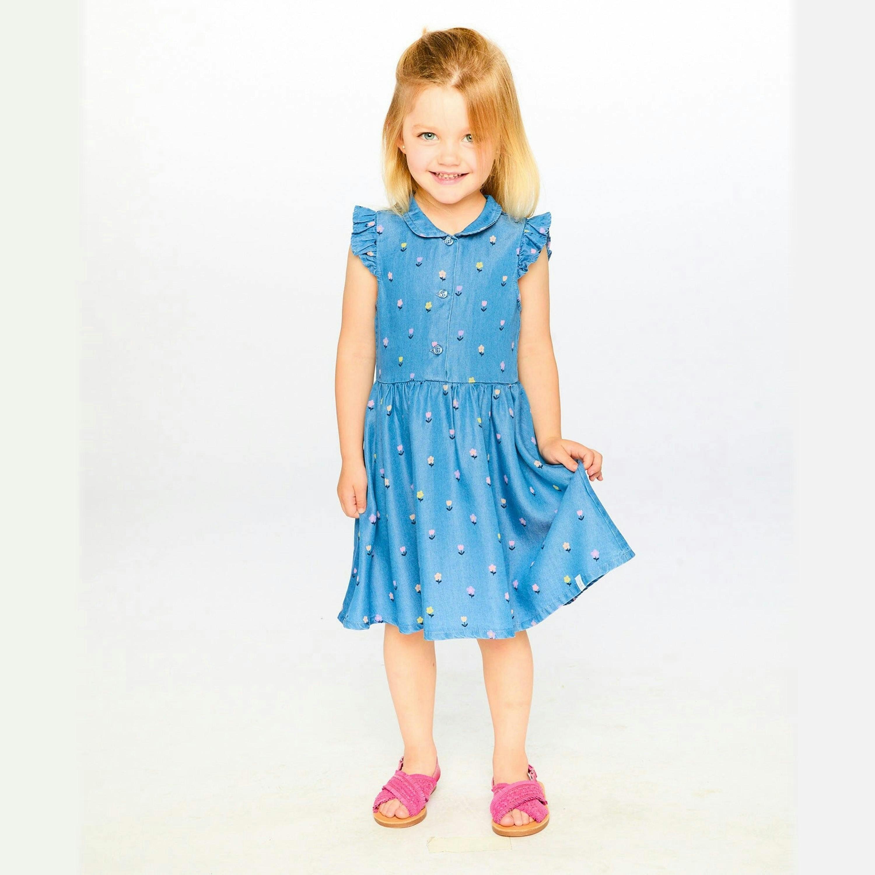 Sleeveless Button Down Dress Blue Flower Print , view 2 of 3