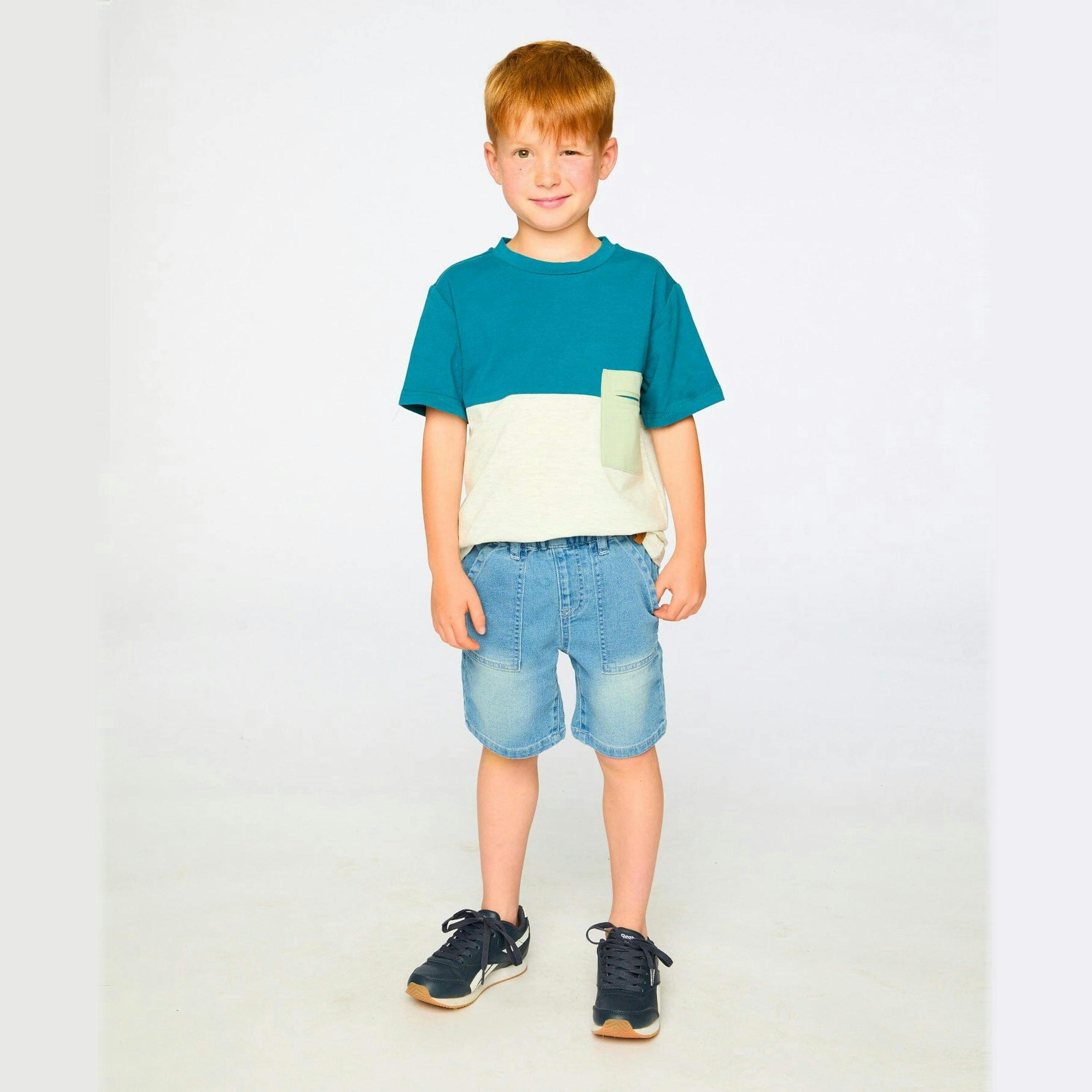 French Terry Light Blue Denim Shorts , view 3 of 5