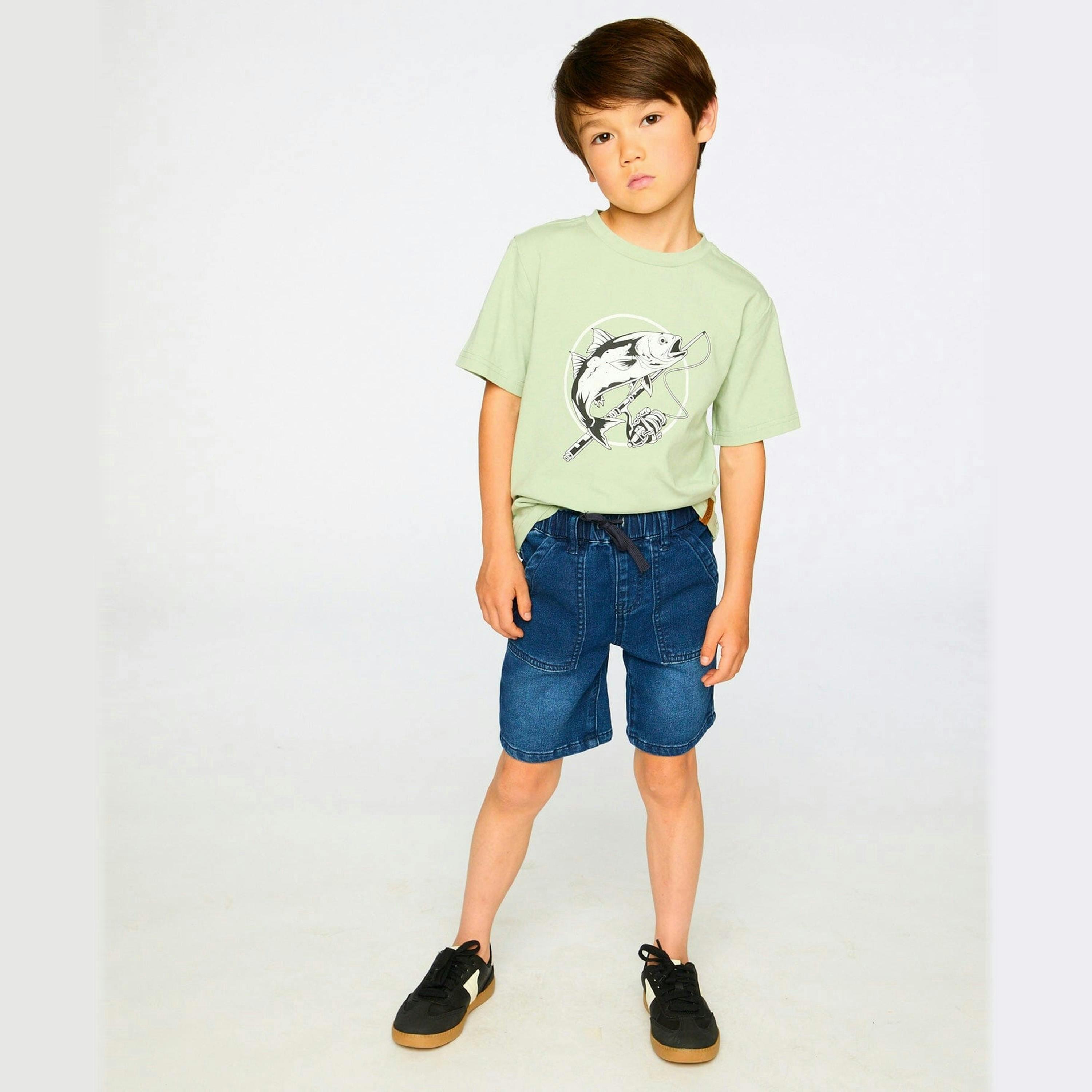 French Terry Navy Blue Denim Shorts , view 3 of 5