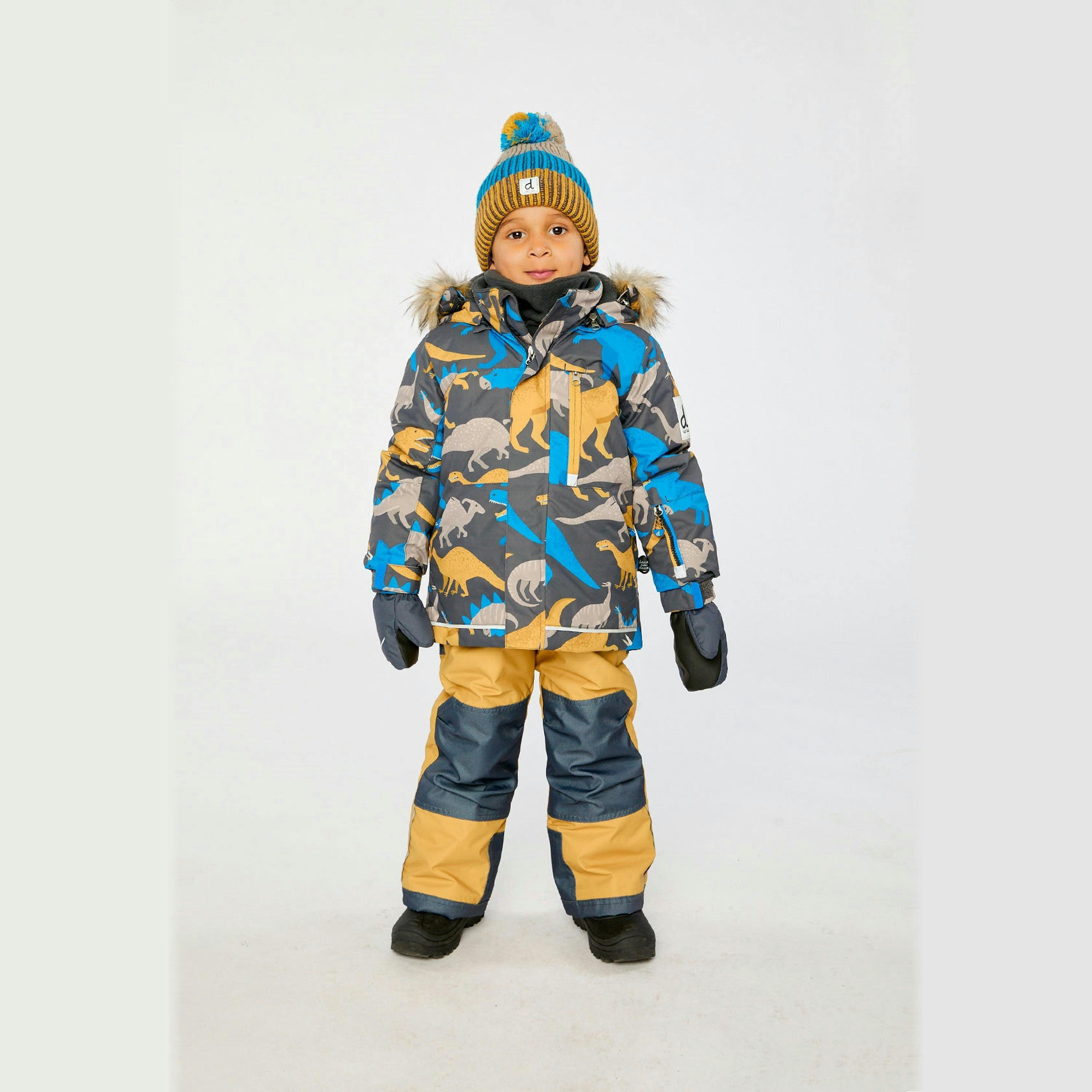 Two Piece Play Snowsuit Grey And Blue Dinosaur Print With Yellow Pants , view 2 of 6
