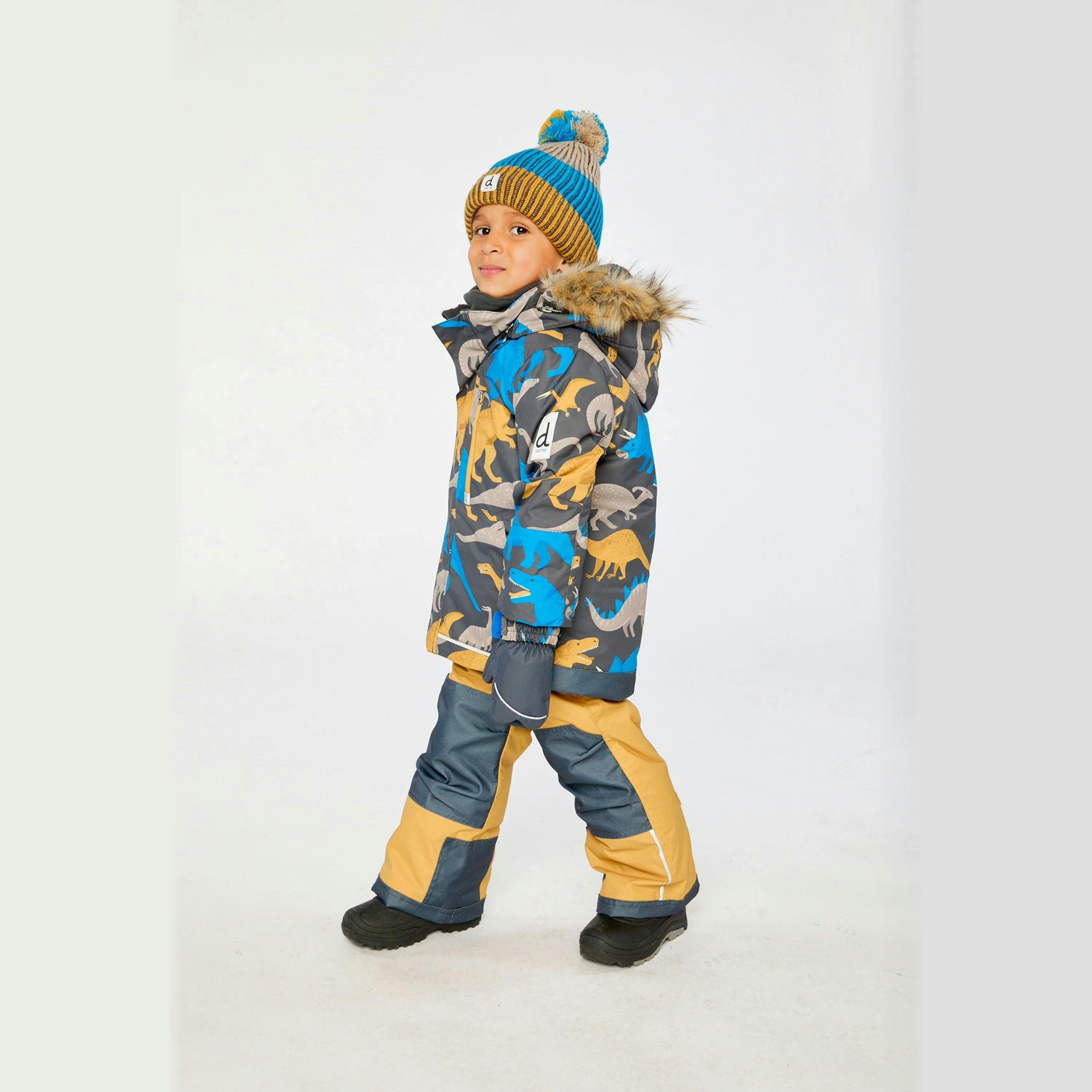 Two Piece Play Snowsuit Grey And Blue Dinosaur Print With Yellow Pants , view 3 of 6