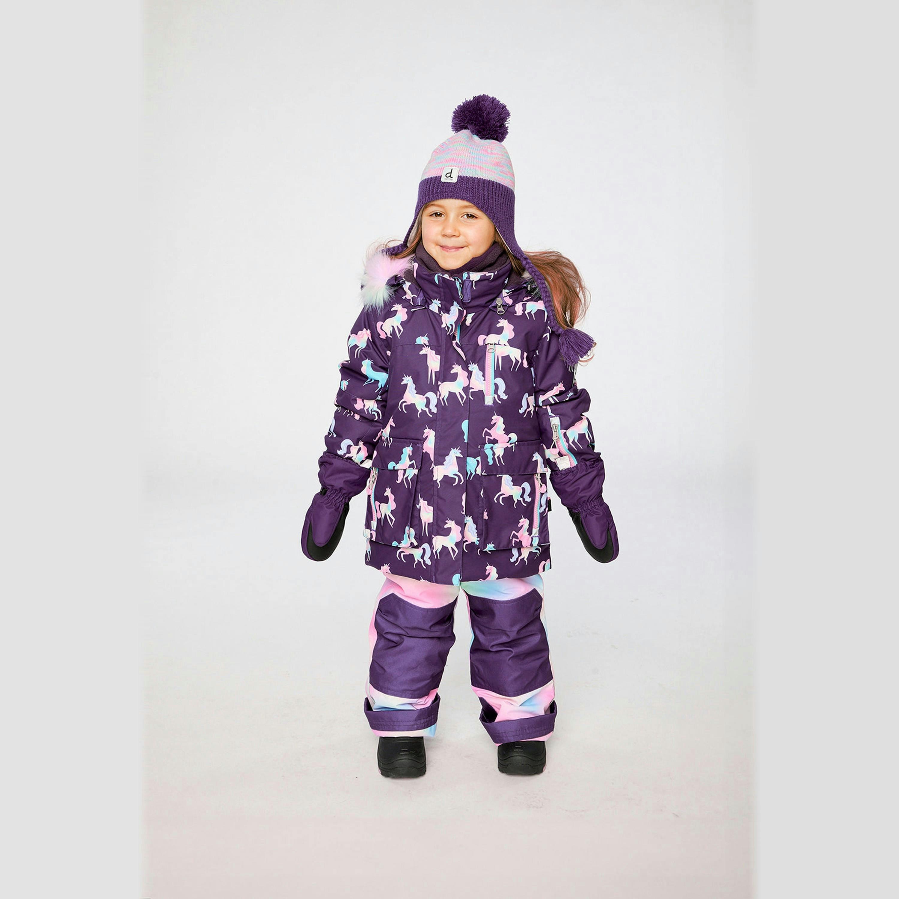 Two Piece Play Snowsuit Purple Unicorn Print With Multicolored Pants , view 2 of 6