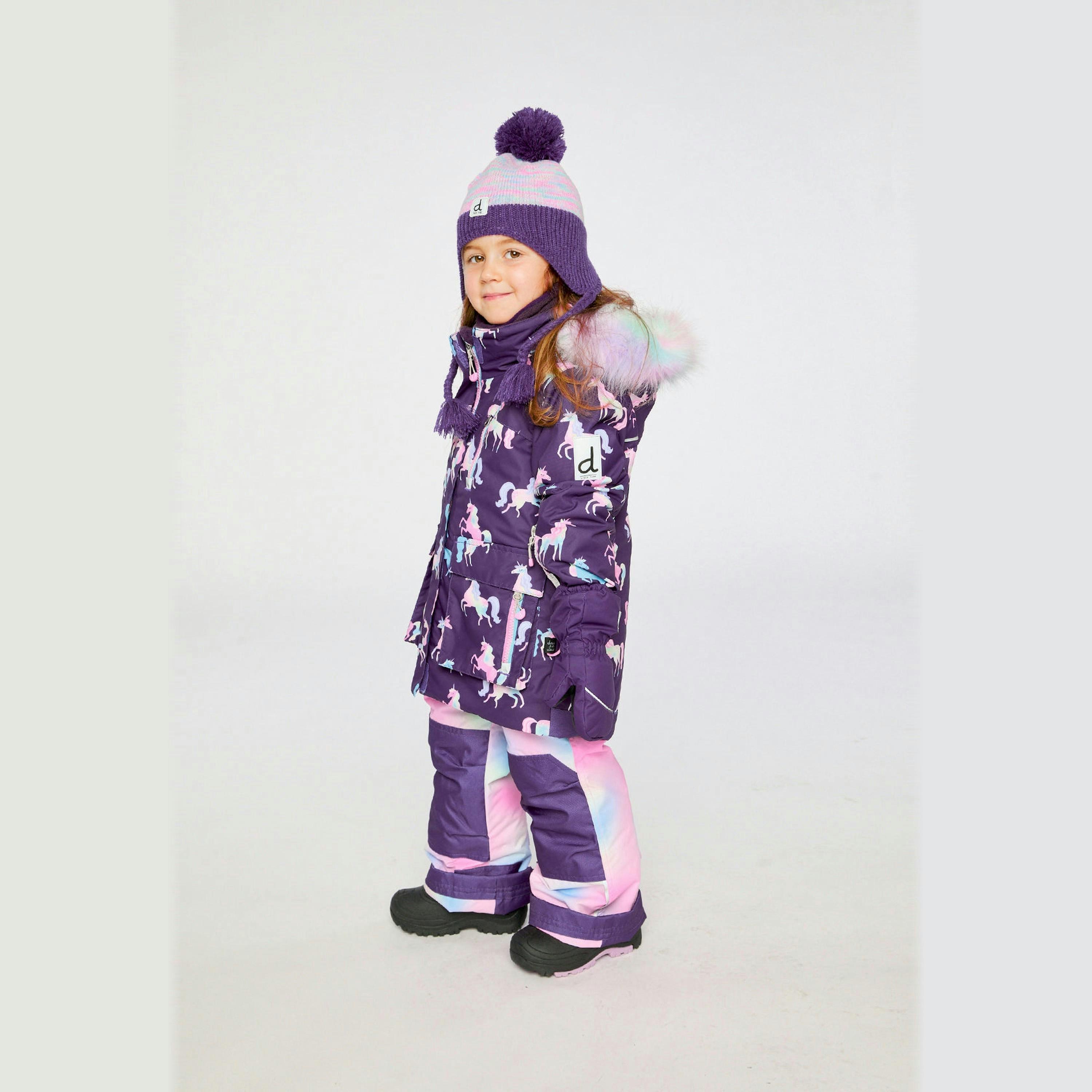 Two Piece Play Snowsuit Purple Unicorn Print With Multicolored Pants , view 3 of 6