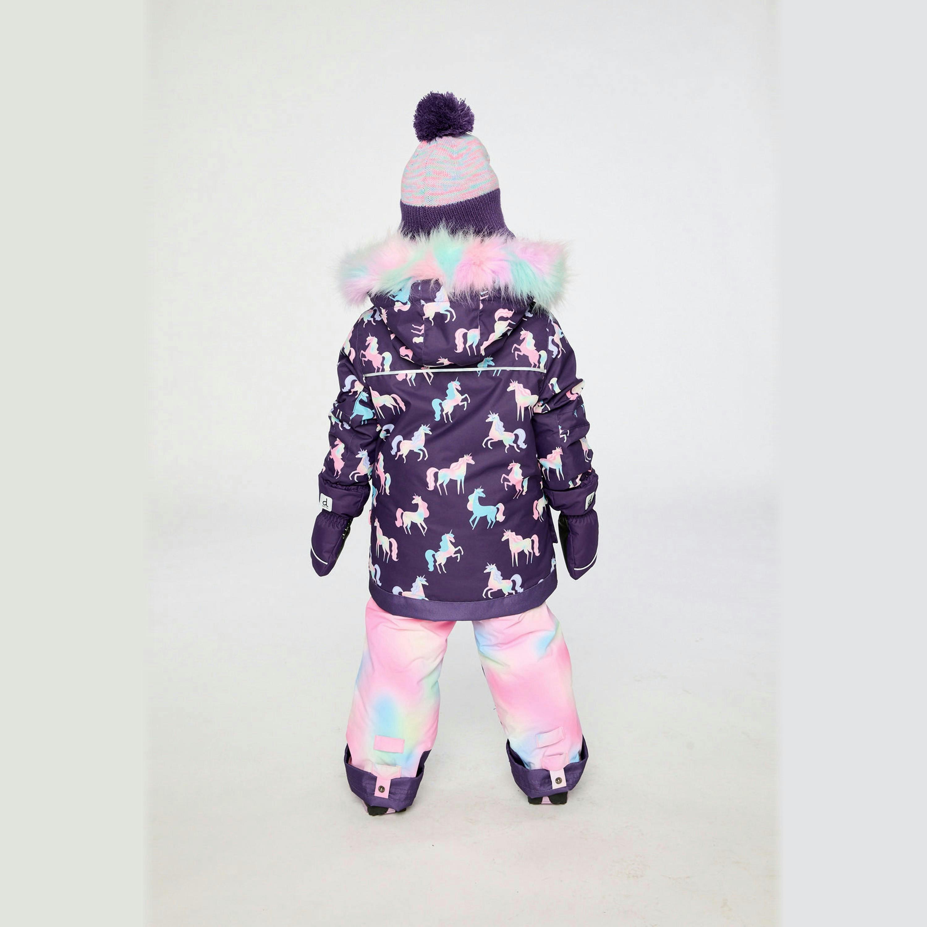 Two Piece Play Snowsuit Purple Unicorn Print With Multicolored Pants , view 4 of 6
