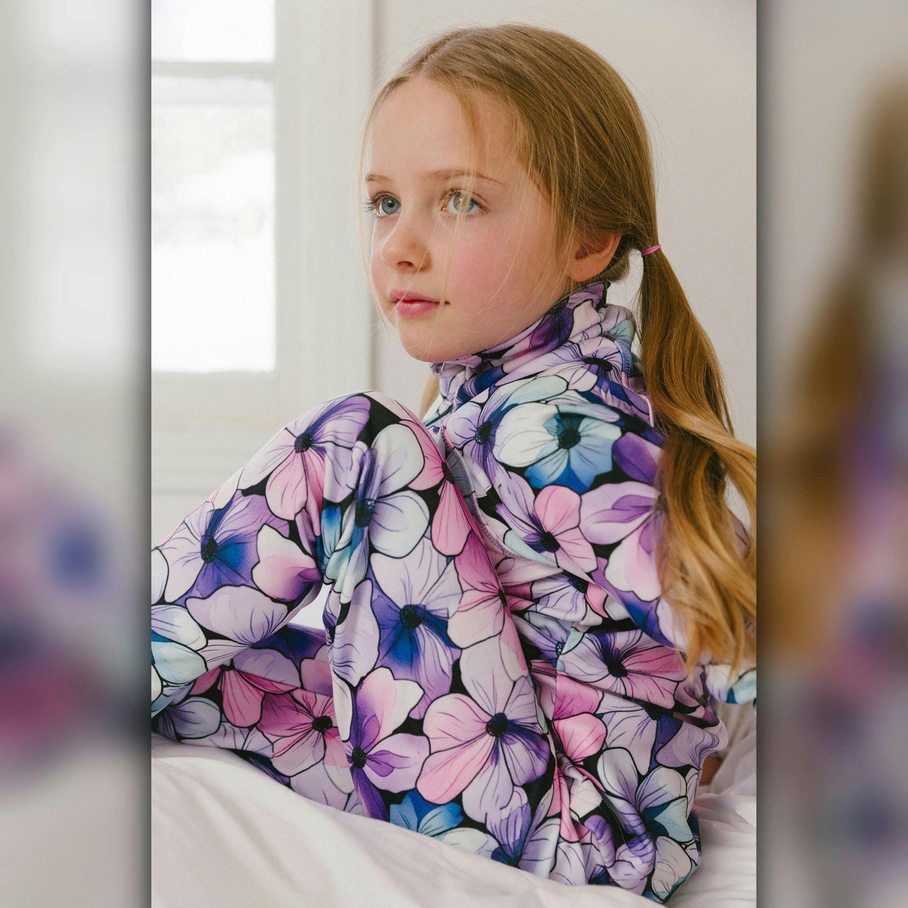 Two Piece Thermal Underwear Purple Floral Print , view 2 of 6