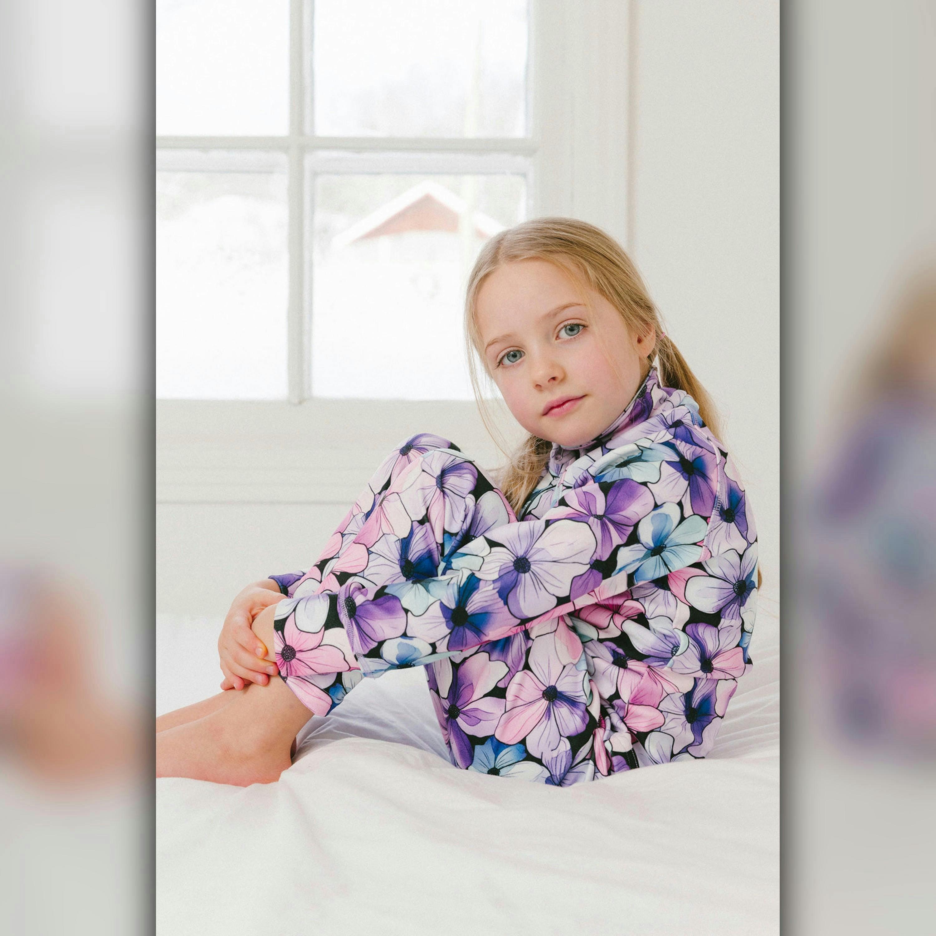 Two Piece Thermal Underwear Purple Floral Print , view 3 of 6