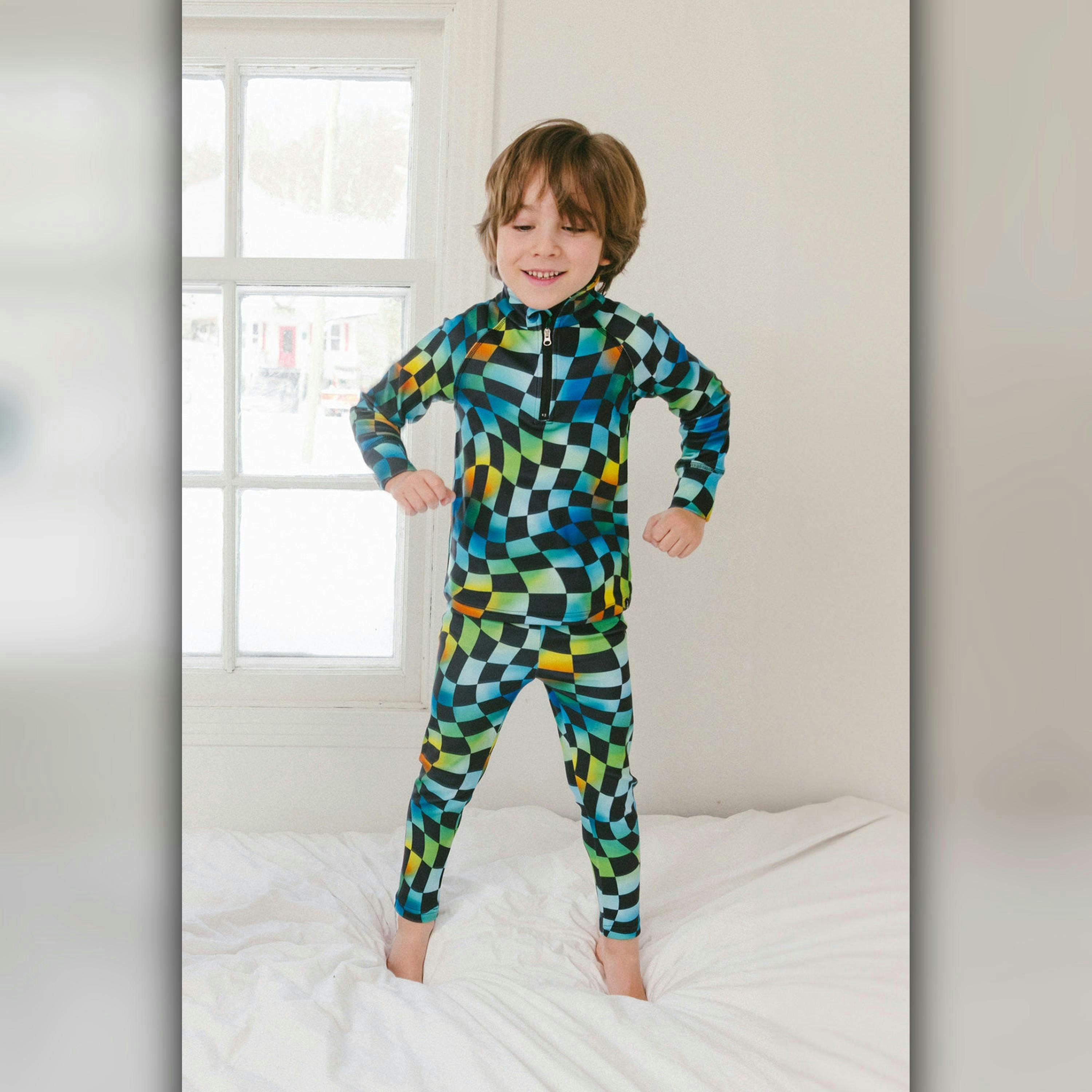 Two Piece Thermal Underwear Blue Checkered Print , view 2 of 6